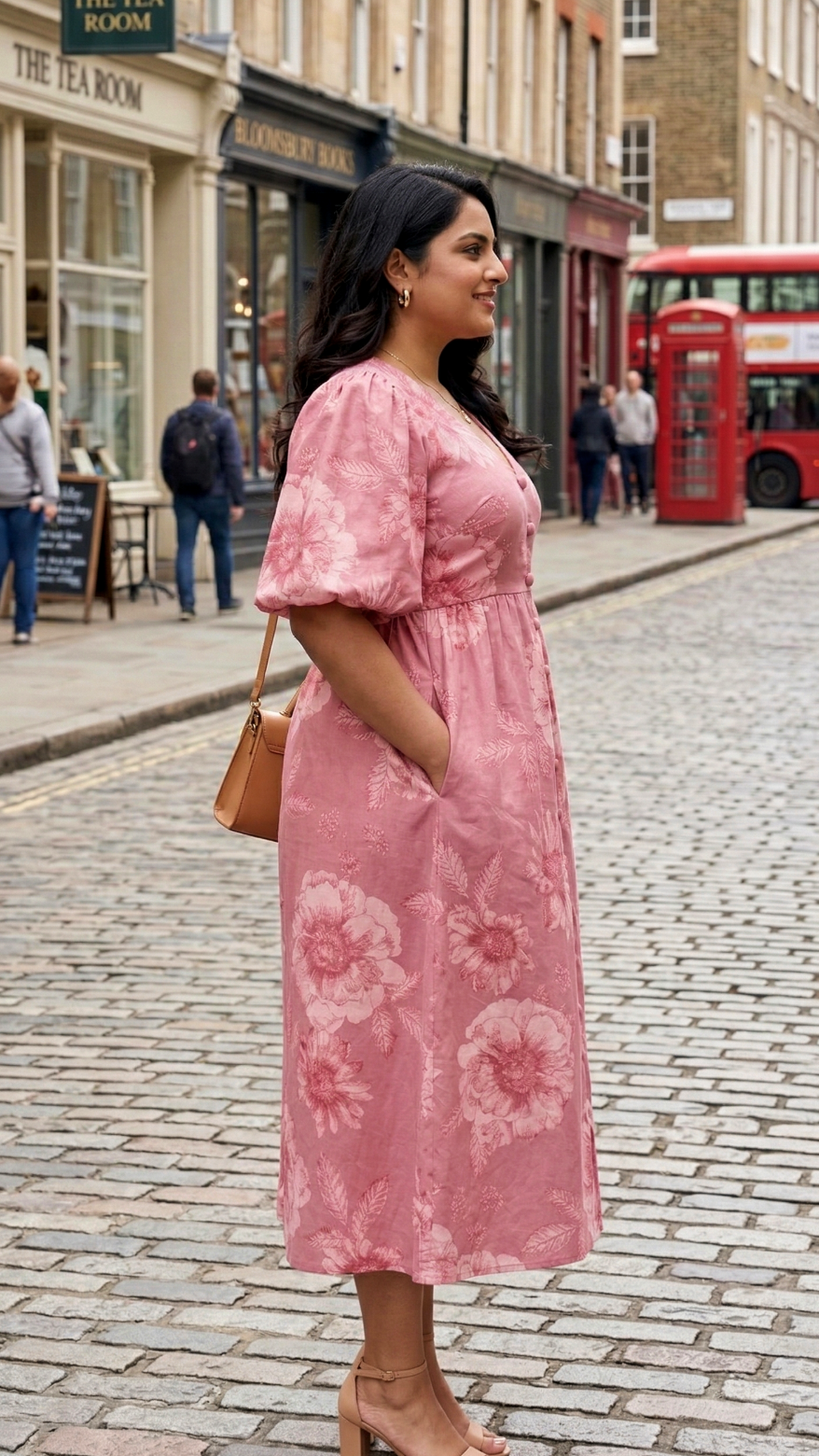 Pink Floral Cotton Midi Dress for Women – Elegant Puff Sleeve Casual Wear