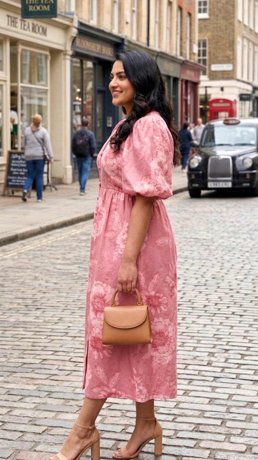 Pink Floral Cotton Midi Dress for Women – Elegant Puff Sleeve Casual Wear