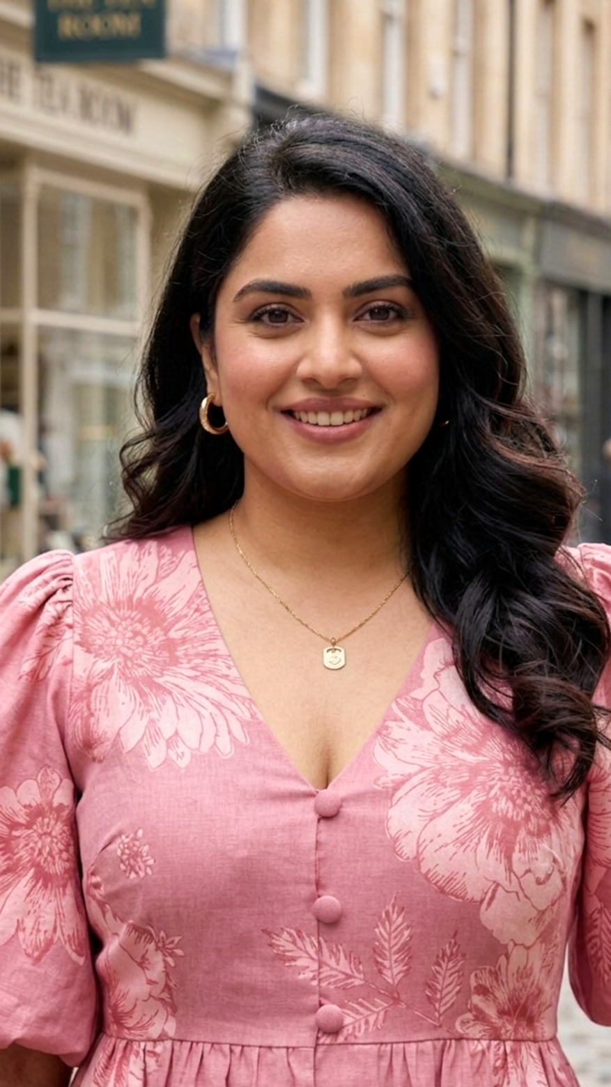 Pink Floral Cotton Midi Dress for Women – Elegant Puff Sleeve Casual Wear