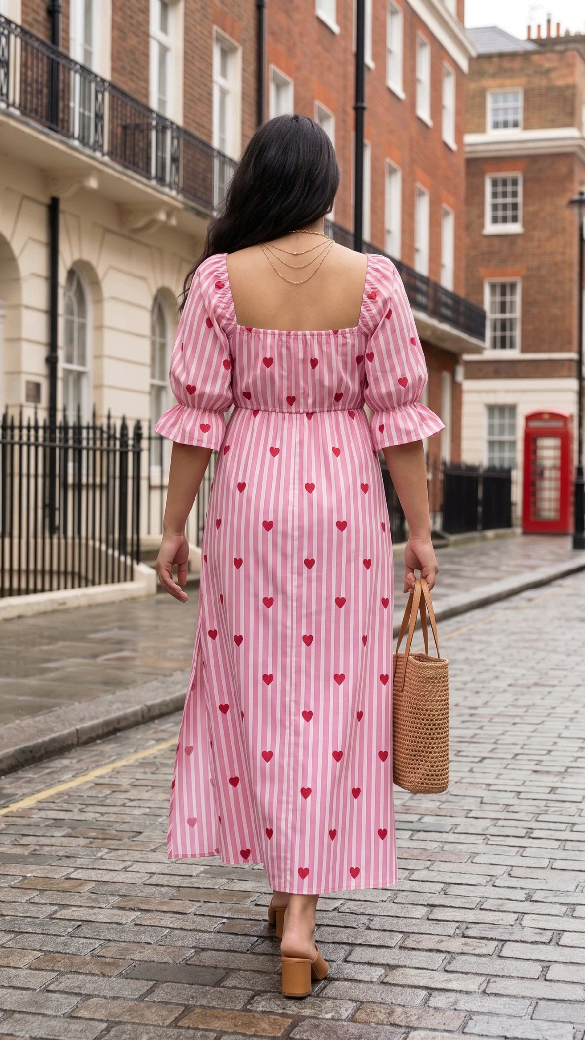 Plus Size Pink Heart Print Cotton Maxi Dress for Women | Square Neck Flared Dress