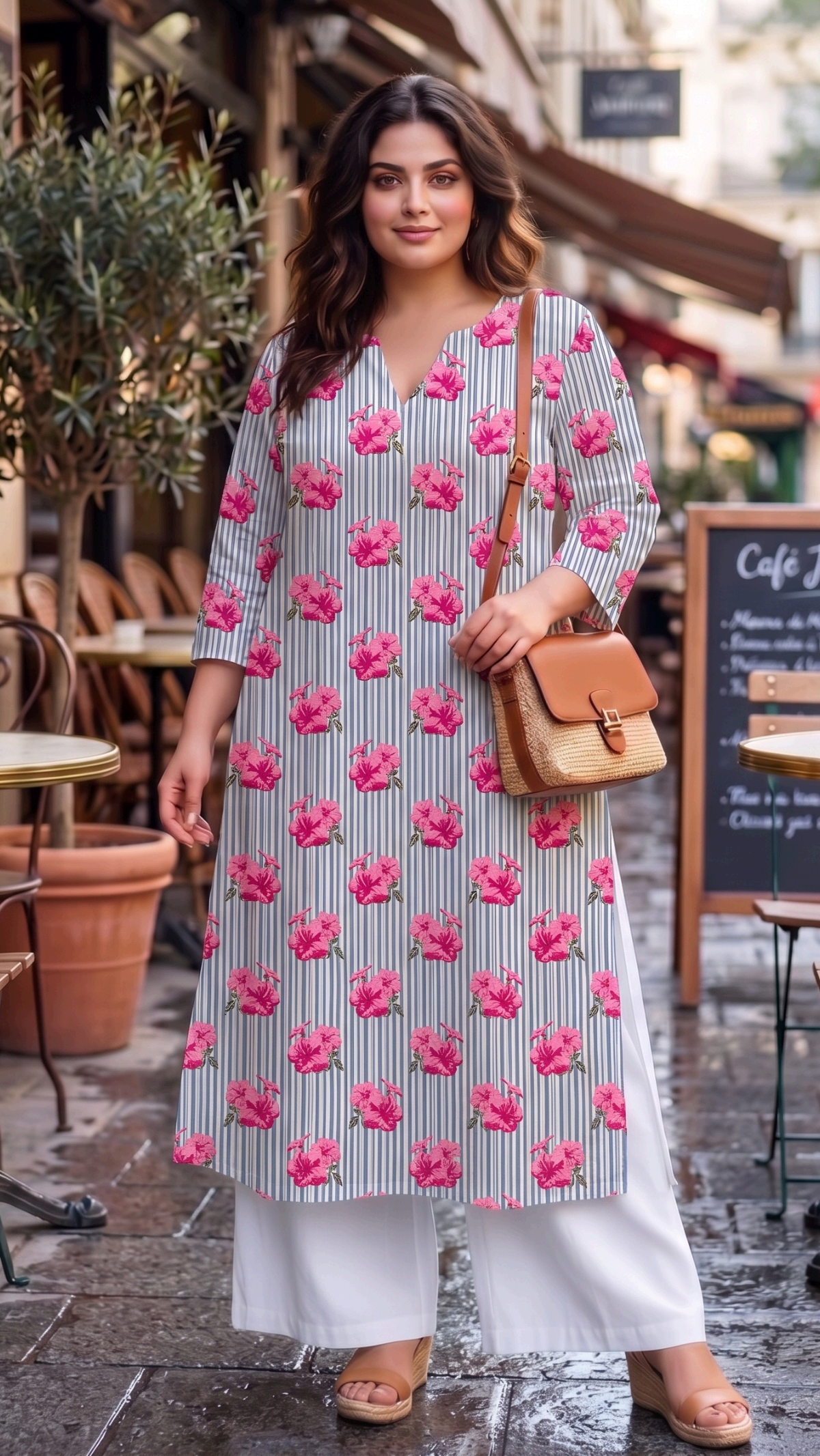 Plus Size Blue Floral Printed Cotton Kurta for Women | Straight Fit Ethnic Kurta