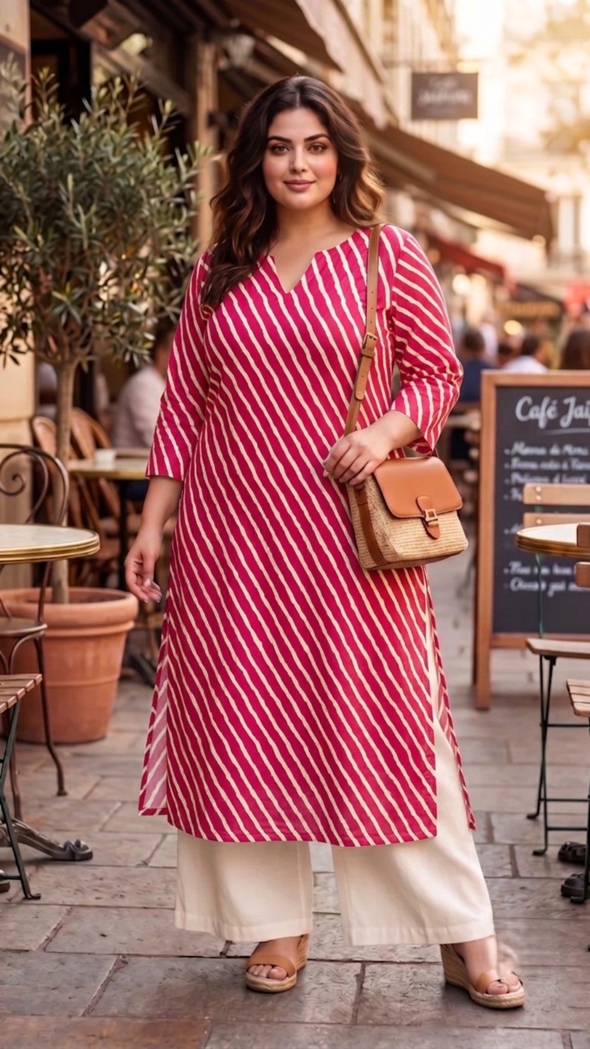 Plus Size Pink Cotton Leheriya Kurta for Women | V-Neck Straight Kurta