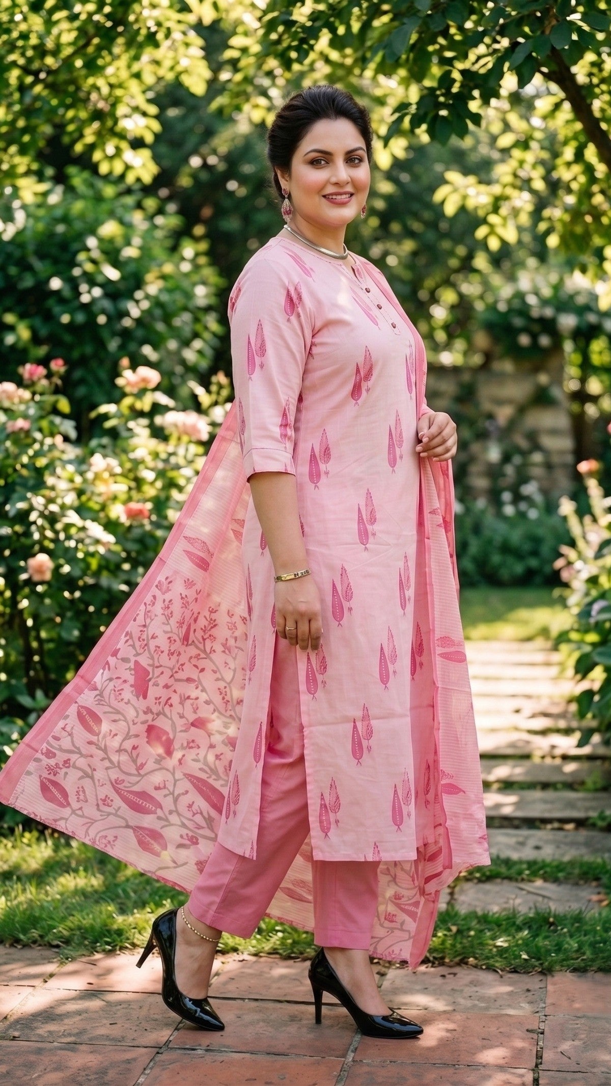 Plus Size Pink Cotton Printed Kurta Set with Dupatta