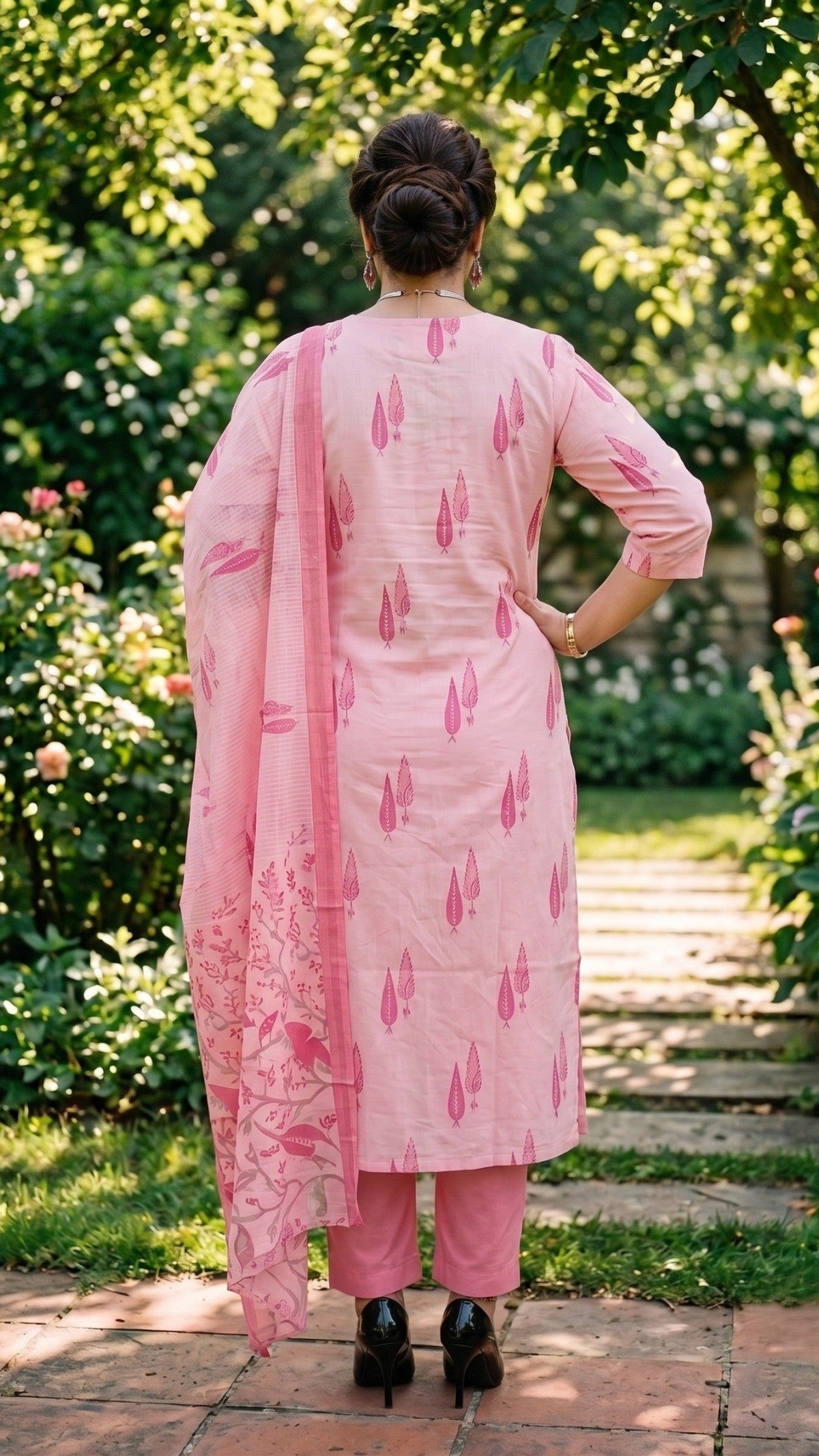 Plus Size Pink Cotton Printed Kurta Set with Dupatta