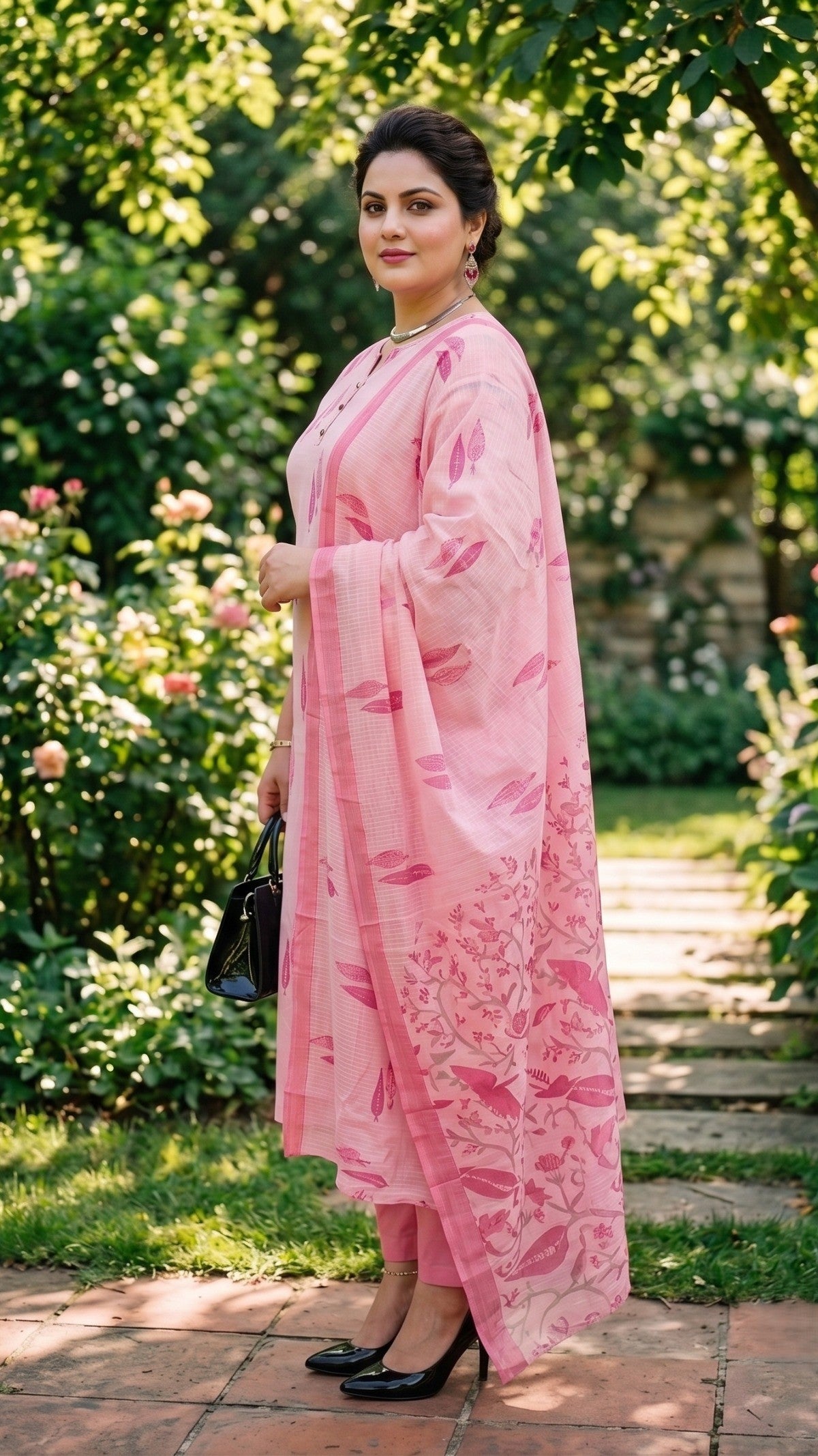Plus Size Pink Cotton Printed Kurta Set with Dupatta