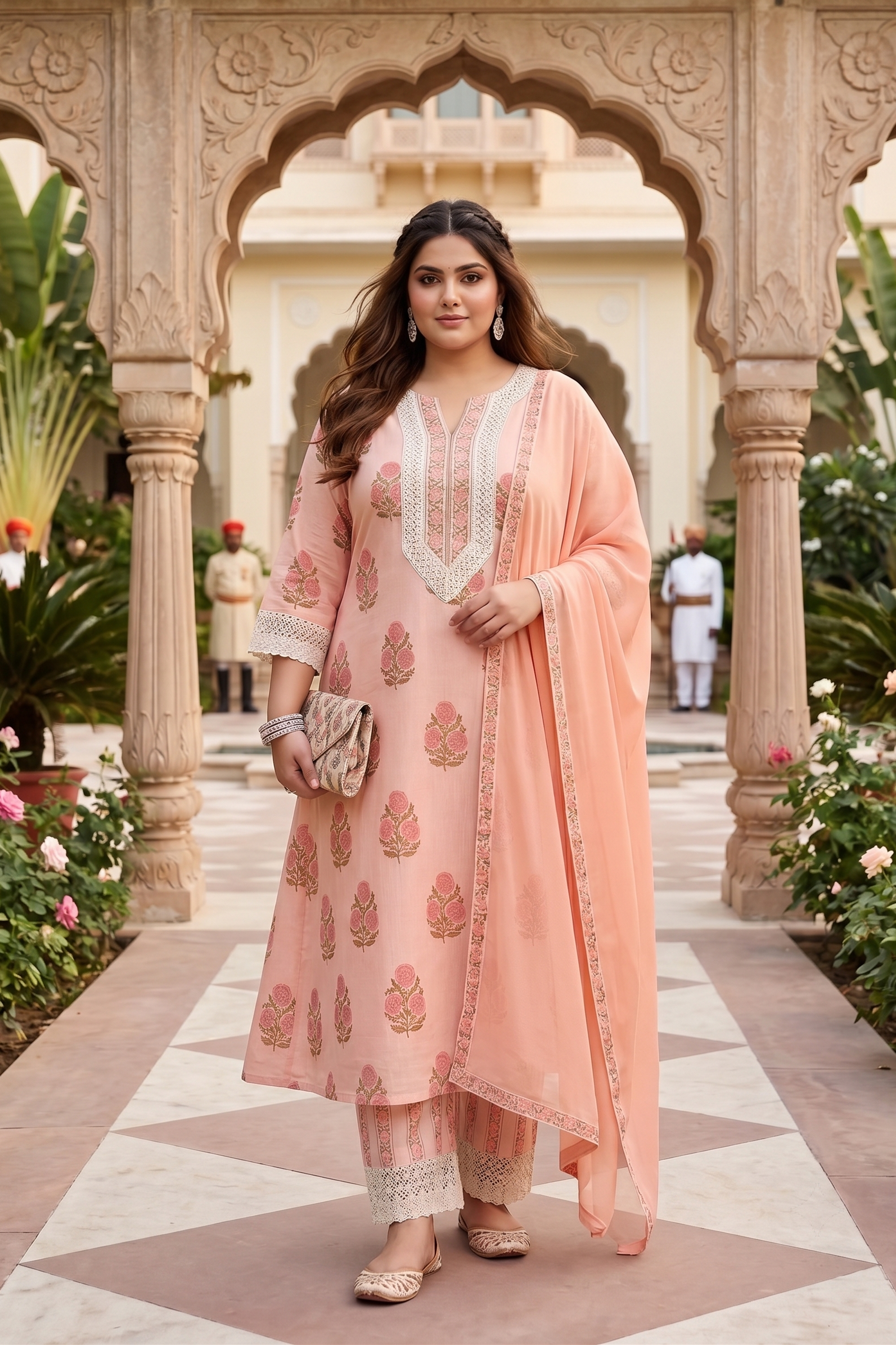 Plus Size Peach Floral Printed Cotton Kurta Set with Chiffon Dupatta | Women's Ethnic Suit Set
