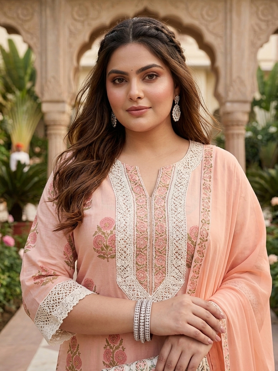 Plus Size Peach Floral Printed Cotton Kurta Set with Chiffon Dupatta | Women's Ethnic Suit Set