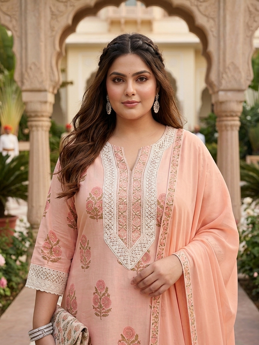Plus Size Peach Floral Printed Cotton Kurta Set with Chiffon Dupatta | Women's Ethnic Suit Set