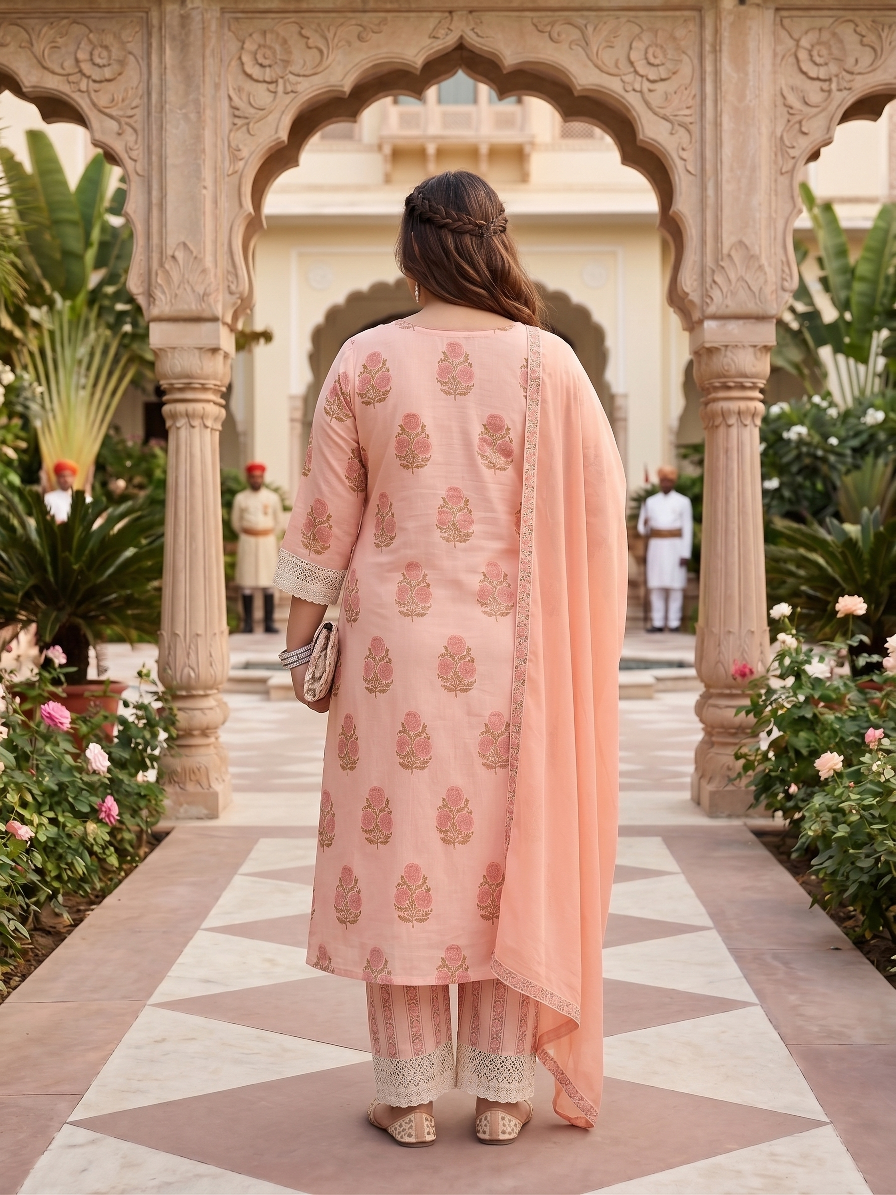 Plus Size Peach Floral Printed Cotton Kurta Set with Chiffon Dupatta | Women's Ethnic Suit Set