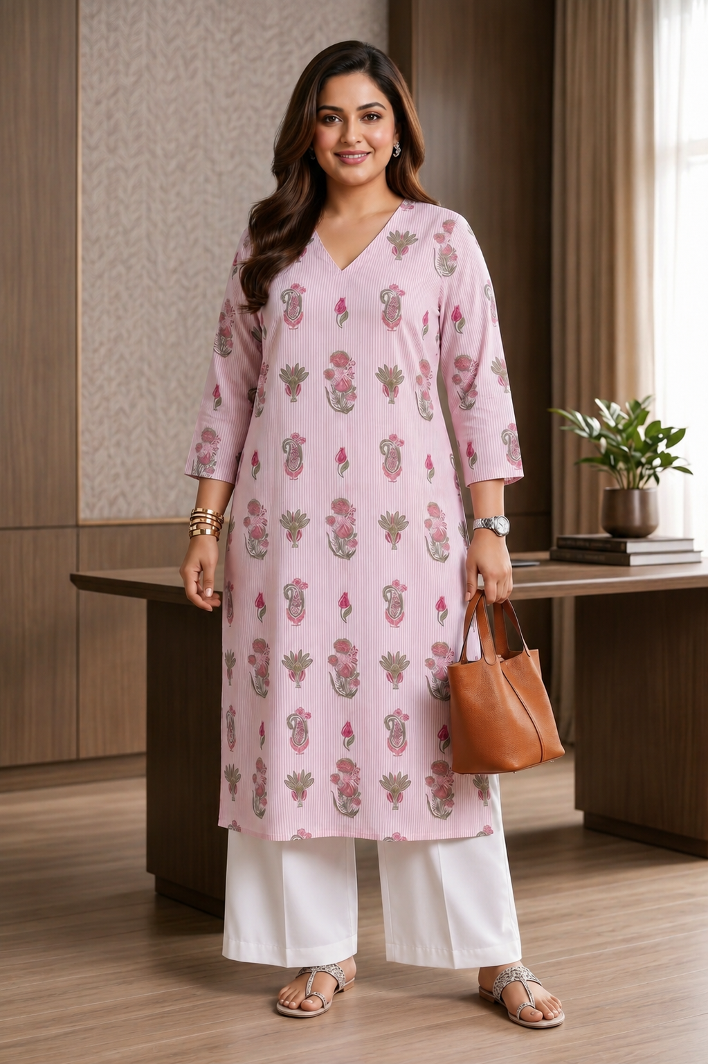 Plus Size Pink Floral Printed Cotton Kurta for Women | V-Neck Straight Fit Kurta