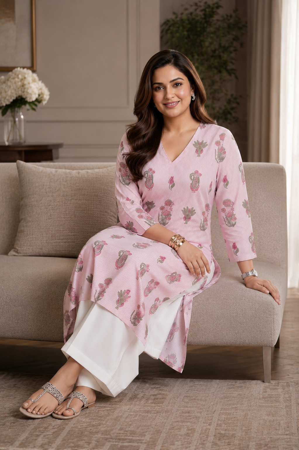 Plus Size Pink Floral Printed Cotton Kurta for Women | V-Neck Straight Fit Kurta