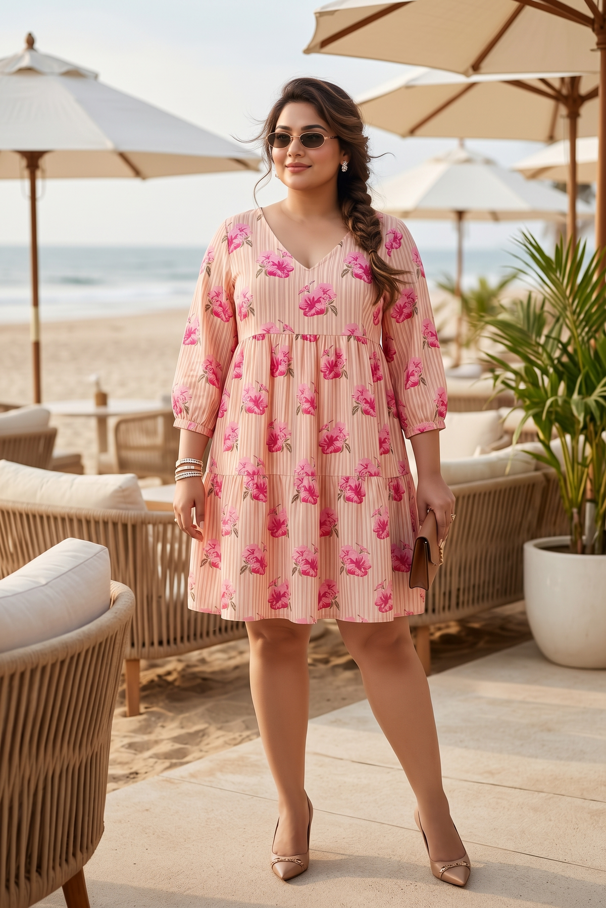 Plus Size Peach Pink Floral Printed 100% Cotton Dress – Tiered Style