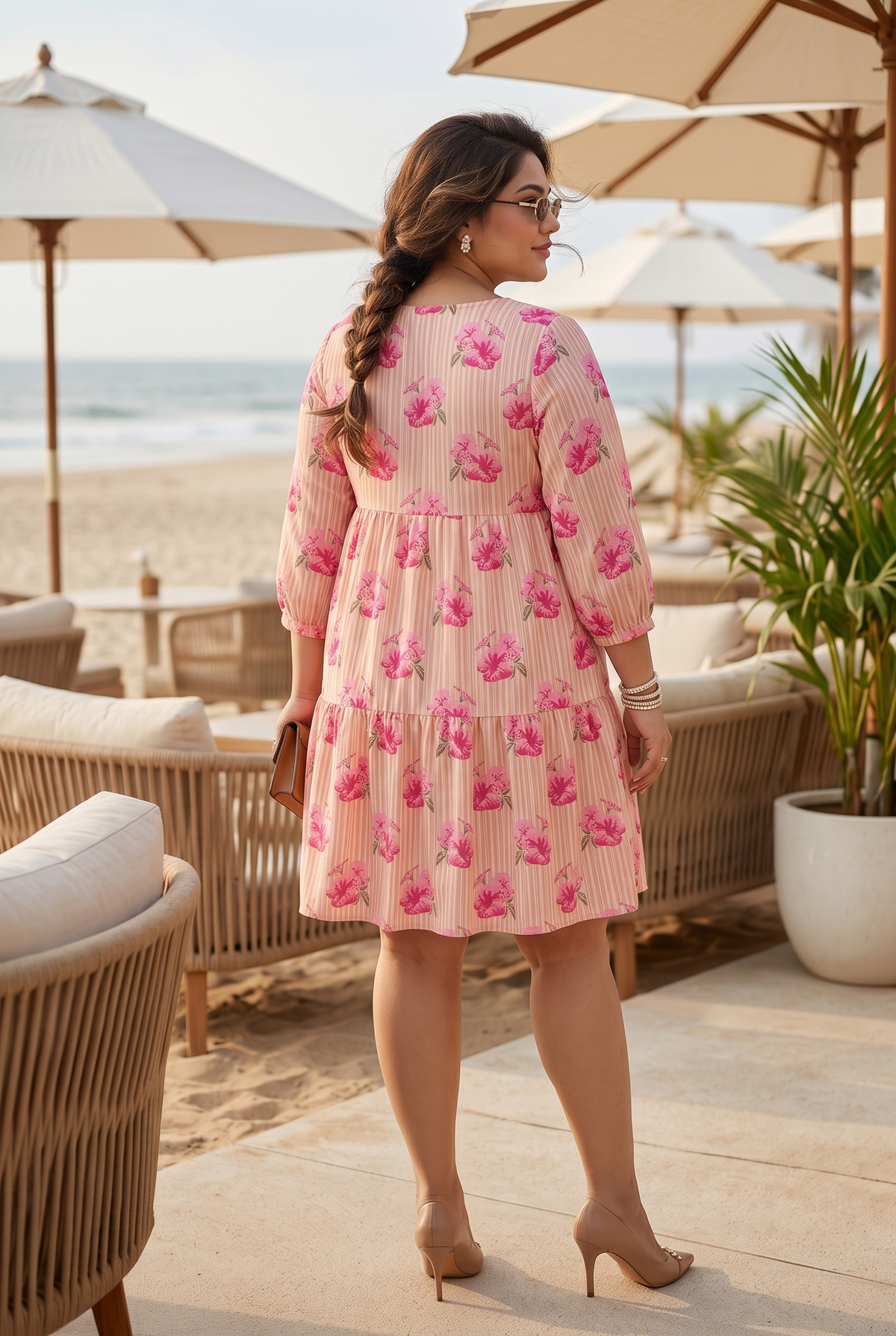 Plus Size Peach Pink Floral Printed 100% Cotton Dress – Tiered Style