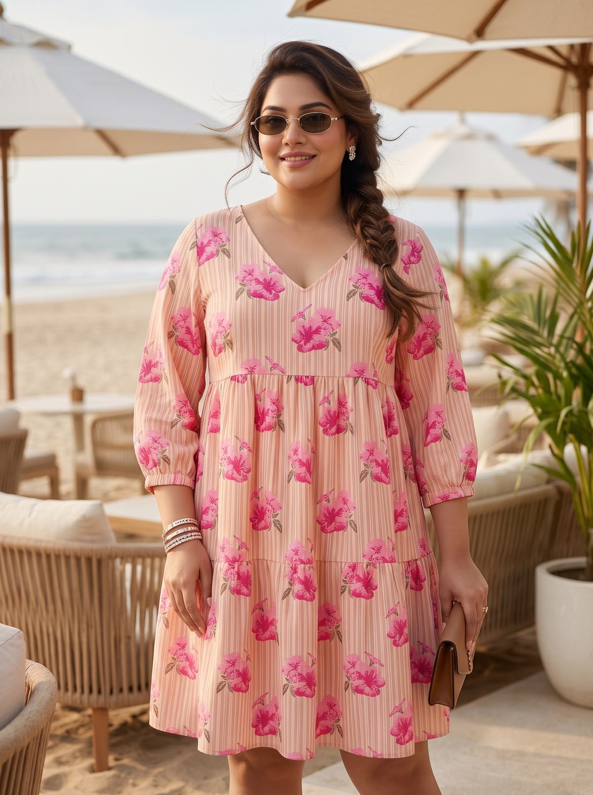 Plus Size Peach Pink Floral Printed 100% Cotton Dress – Tiered Style