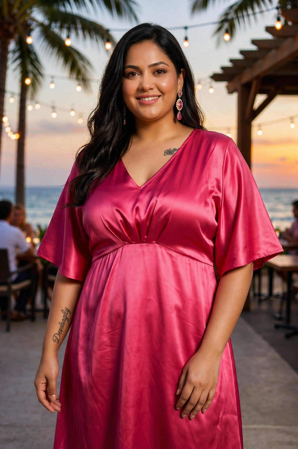 Hot Pink Satin Midi Dress