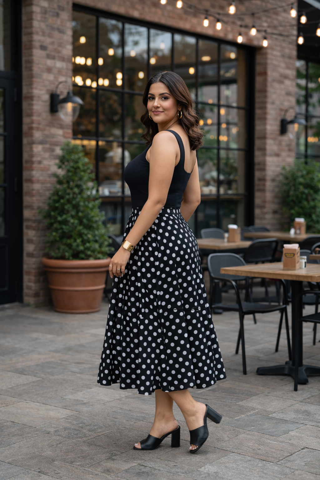 Plus size Classic Black & White Polka Dot Midi Skirt