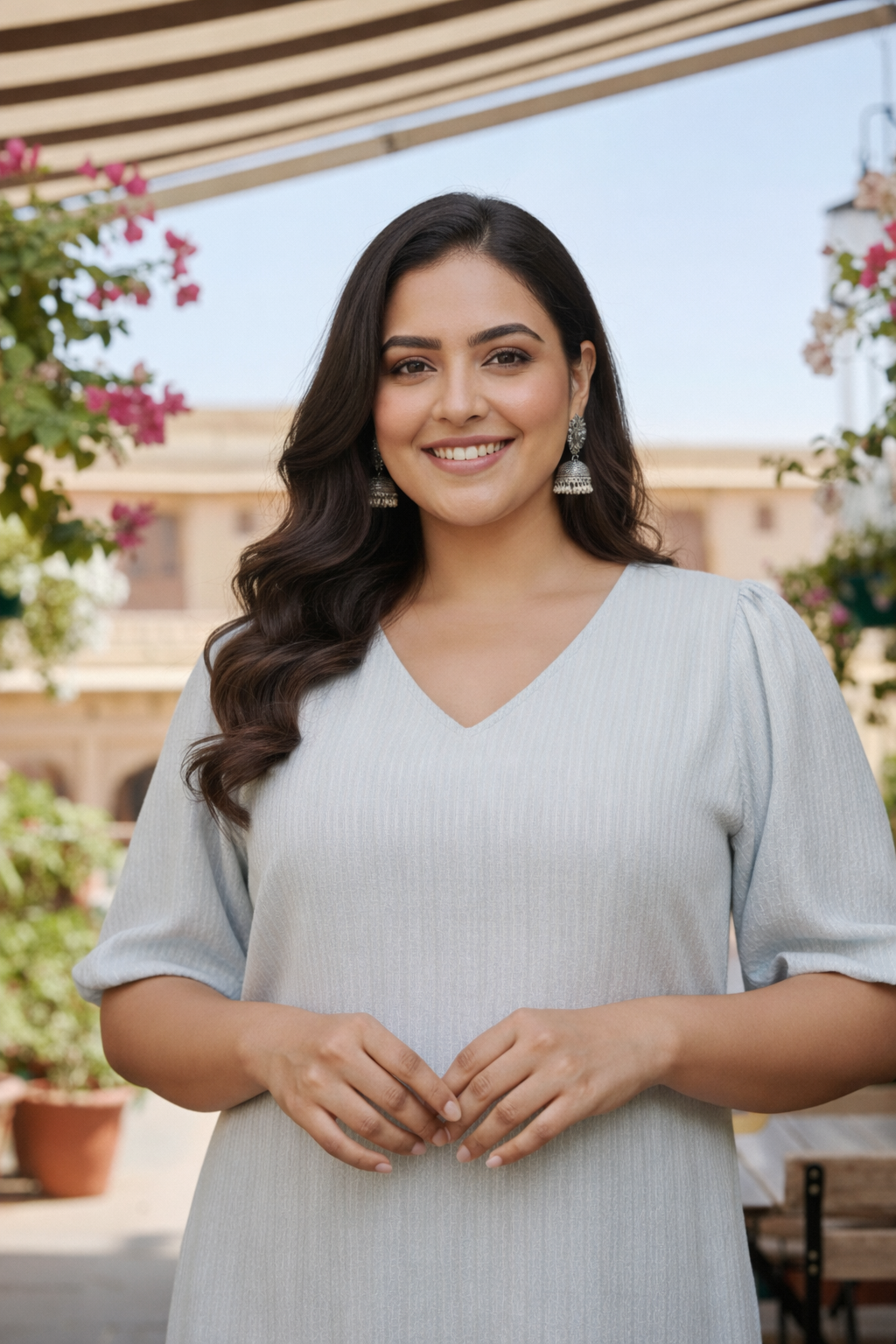 Powder Blue Kantha Cotton Side Slit Maxi Dress