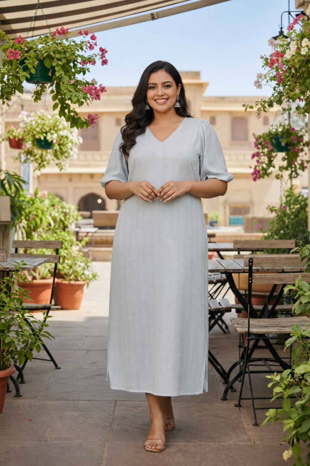Regular Powder Blue Kantha Cotton Side Slit Maxi Dress