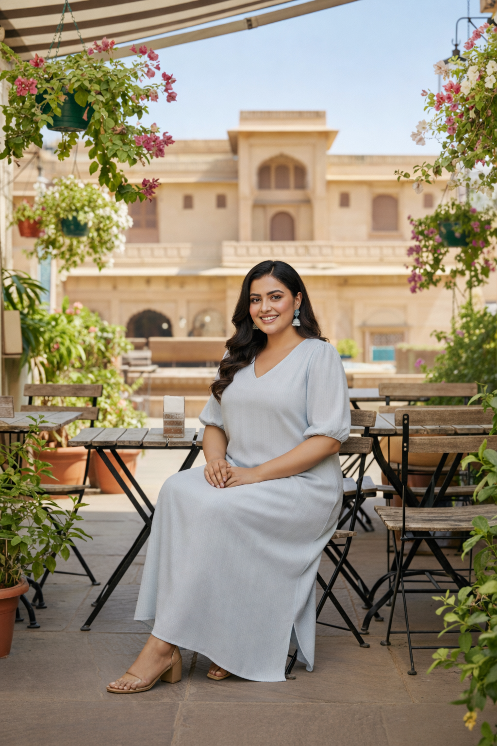 Regular Powder Blue Kantha Cotton Side Slit Maxi Dress