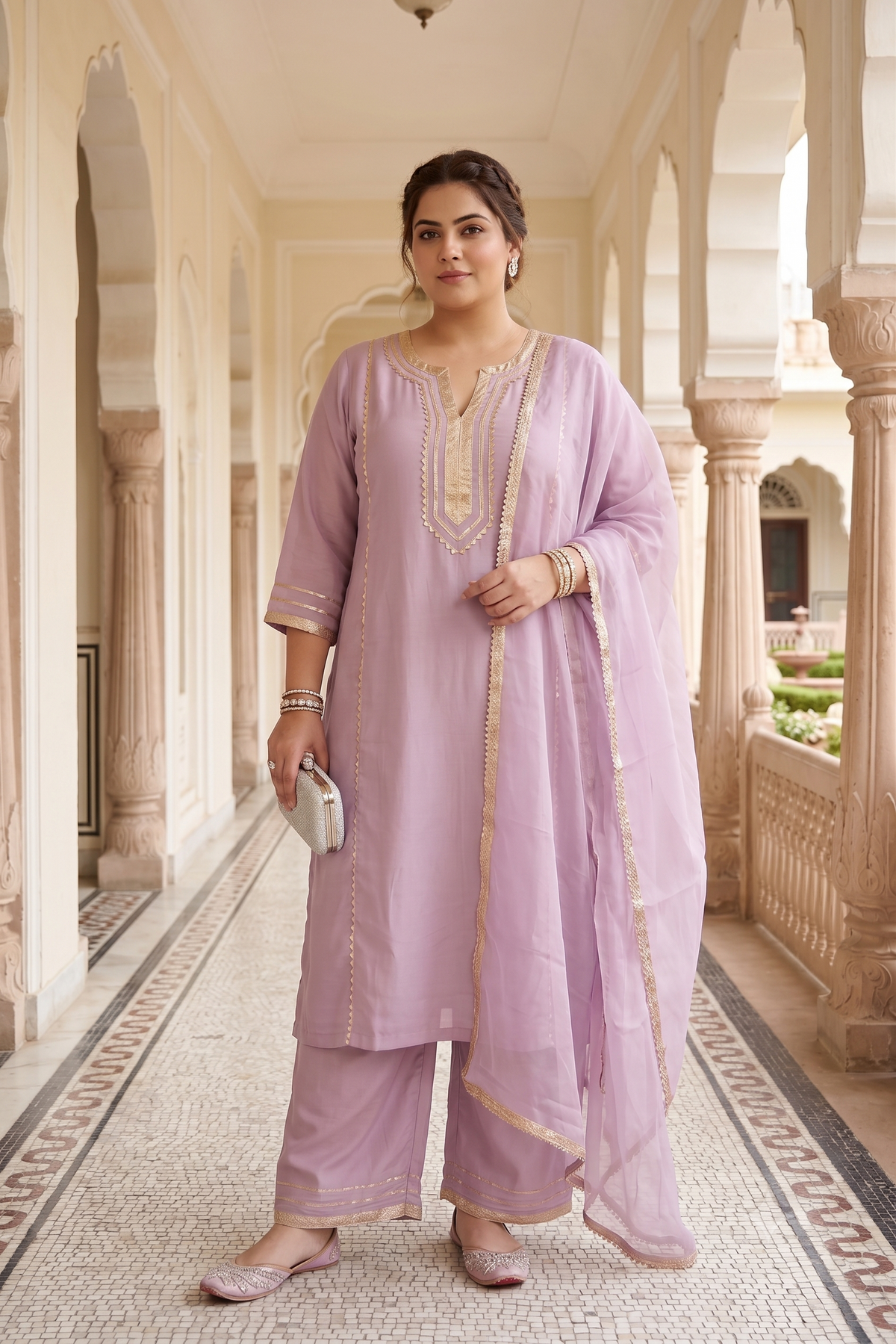 Plus Size Lavender Rayon Dupatta Set – Embroidered Kurta, Pant & Dupatta