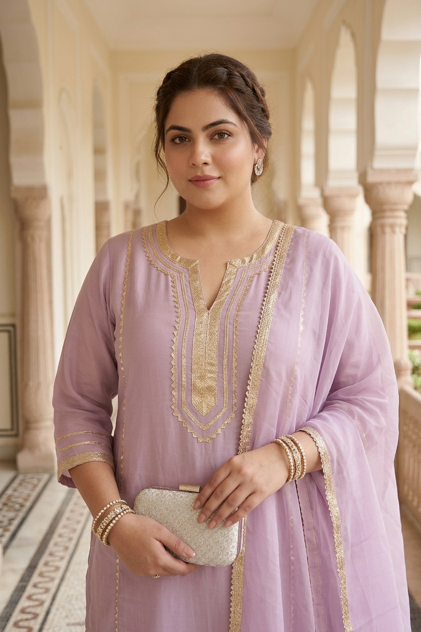 Plus Size Lavender Rayon Dupatta Set – Embroidered Kurta, Pant & Dupatta