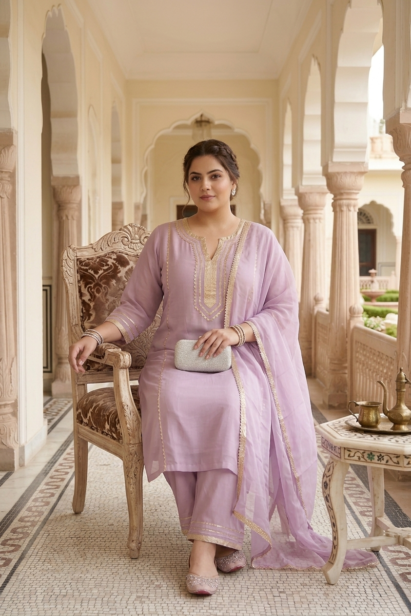 Plus Size Lavender Rayon Dupatta Set – Embroidered Kurta, Pant & Dupatta