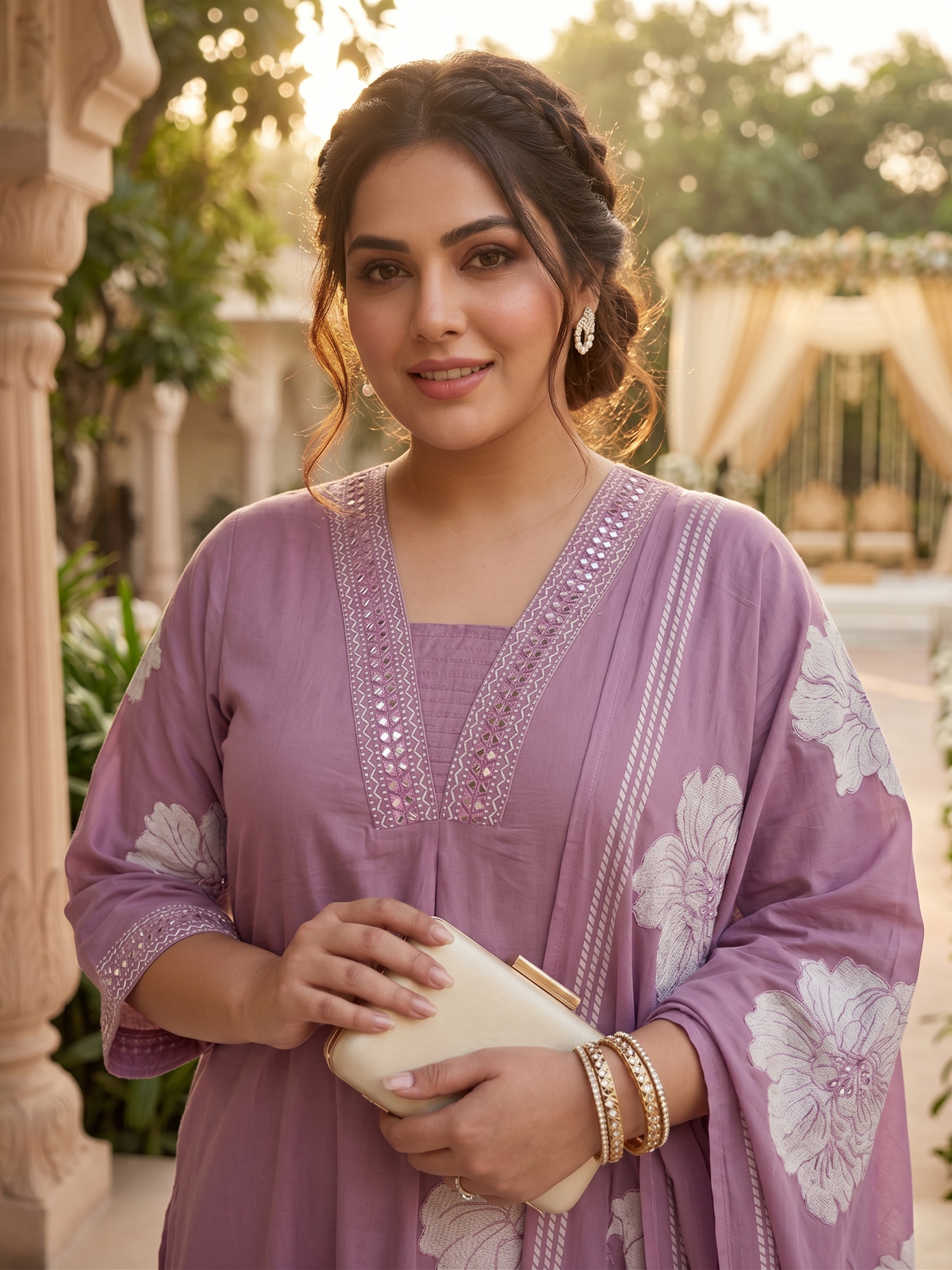 Plus Size Mauve Cotton 3-Piece Set – Printed Kurta, Pant & Dupatta