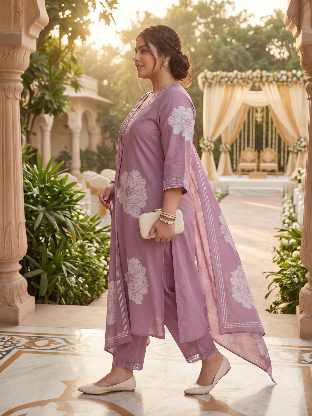 Plus Size Mauve Cotton 3-Piece Set – Printed Kurta, Pant & Dupatta