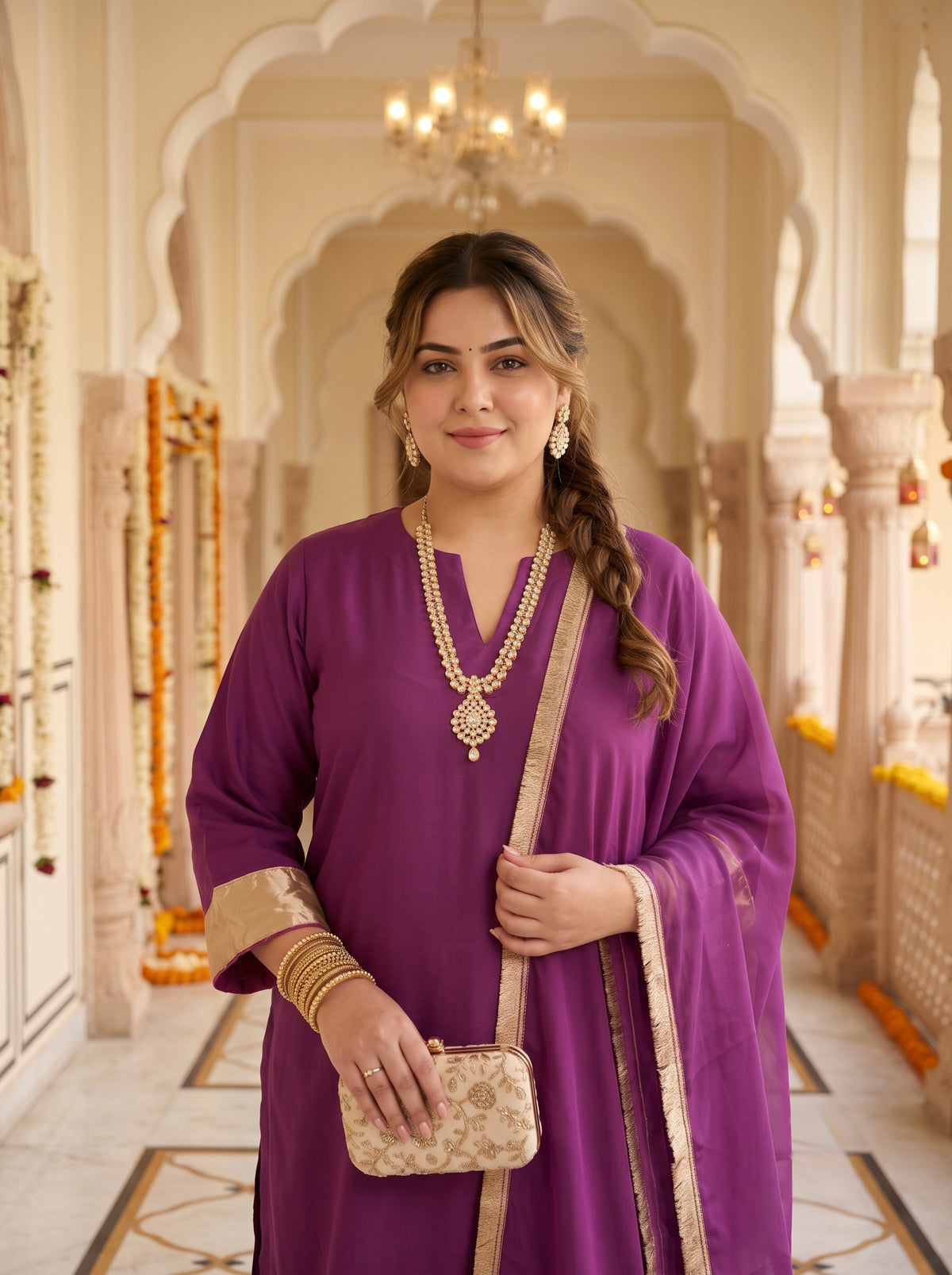 Plus Size Purple Cotton Kurta Suit Set with Gotta Patti Laces(set of 3)