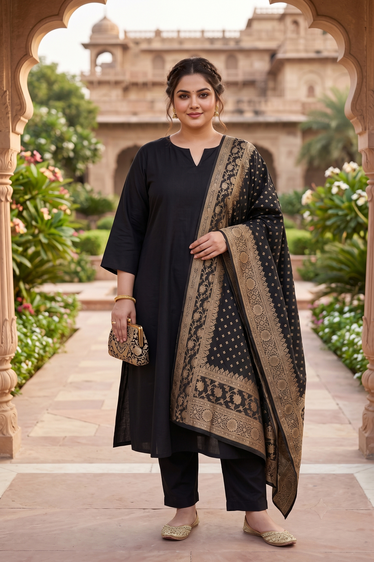Black Paithani Kurta Suit Set with benarasi dupatta - (Set of 3)
