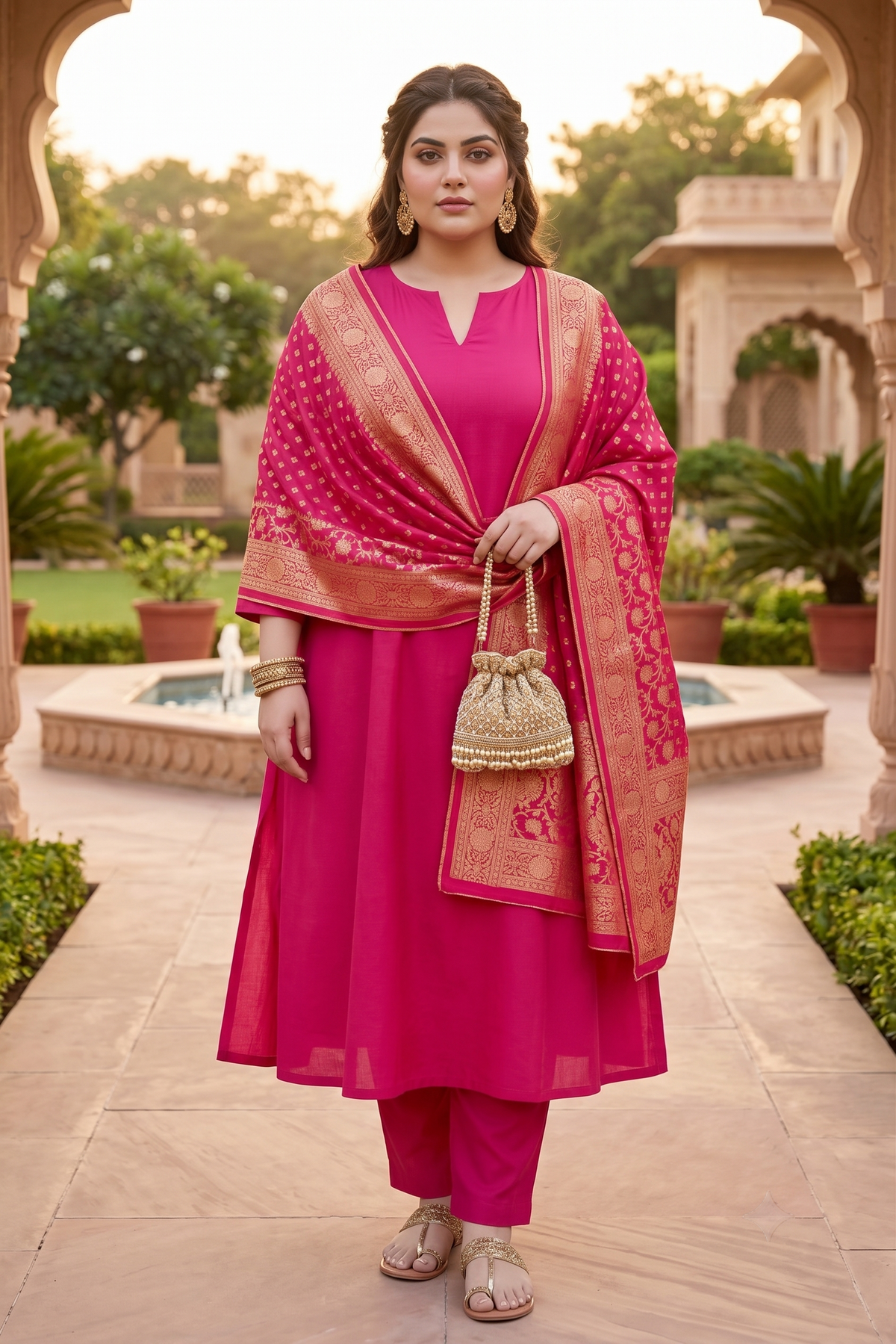 Fuschia Pink Pathani Kurta Suit Set with Benarasi Dupatta - (Set of 3)