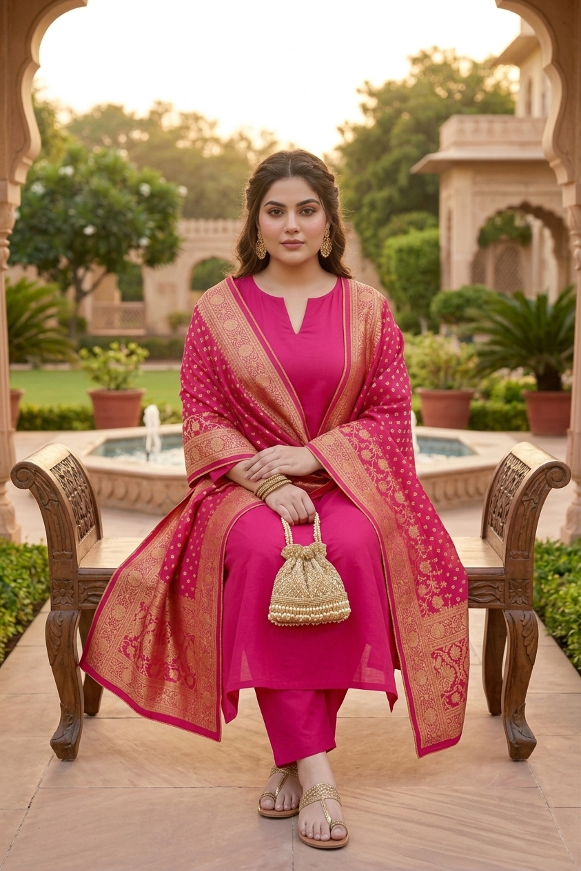 Fuschia Pink Pathani Kurta Suit Set with Benarasi Dupatta - (Set of 3)