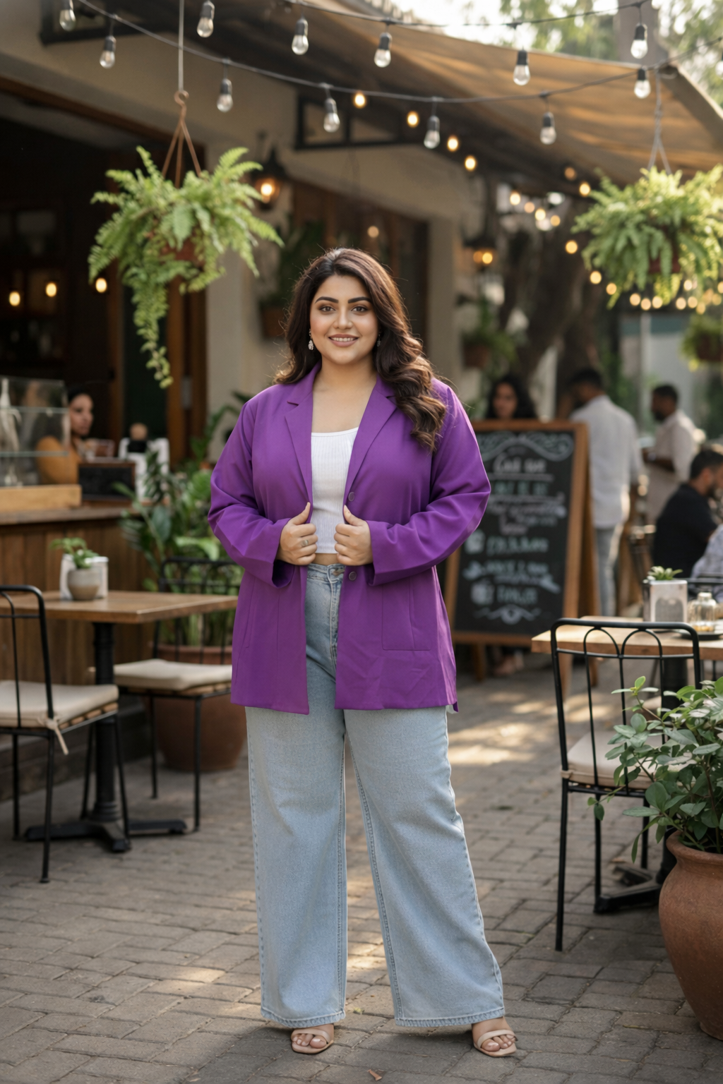 Plus Elegant Linen Longline Blazer with Functional Pockets