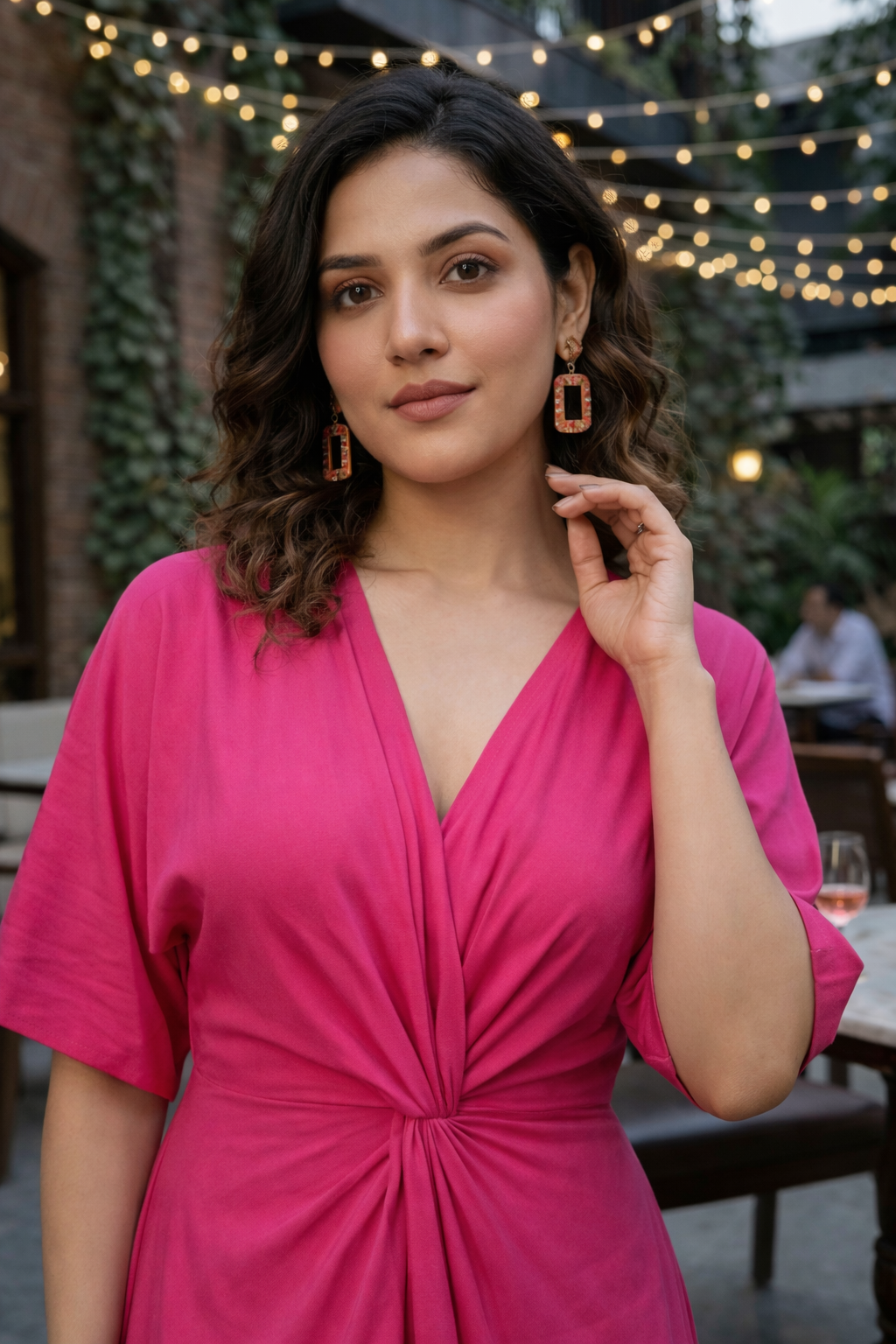 Regular Hot Pink Front Knot V-Neck Dress