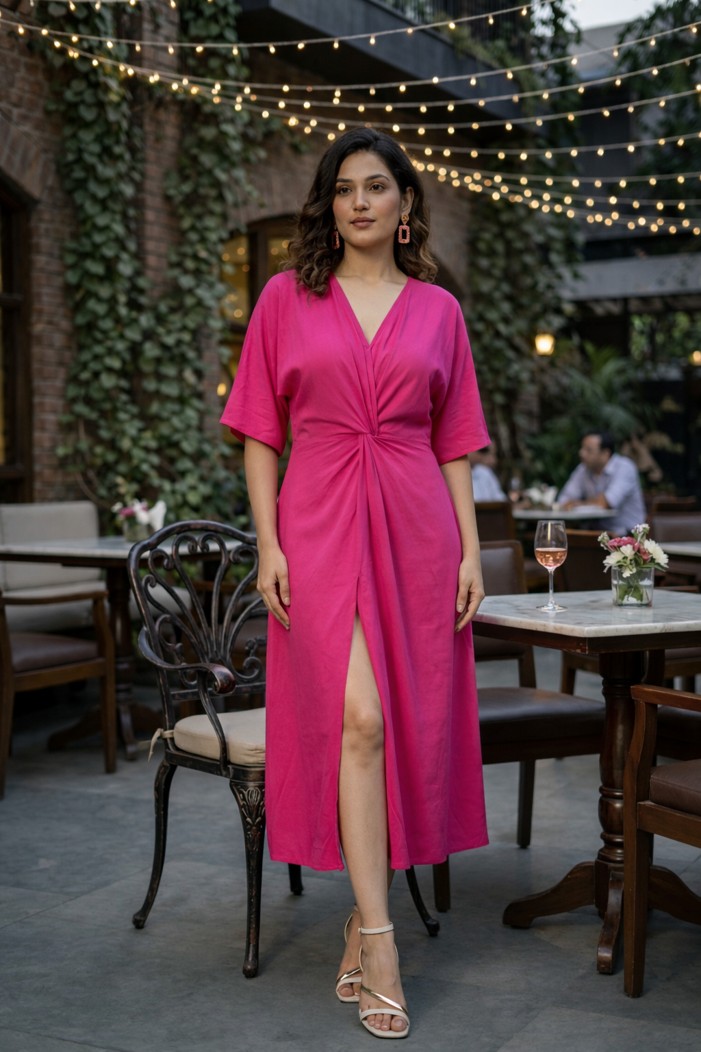 Regular Hot Pink Front Knot V-Neck Dress