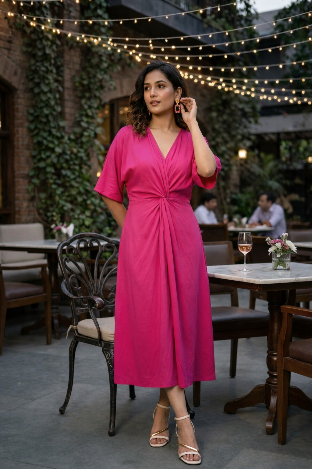 Regular Hot Pink Front Knot V-Neck Dress