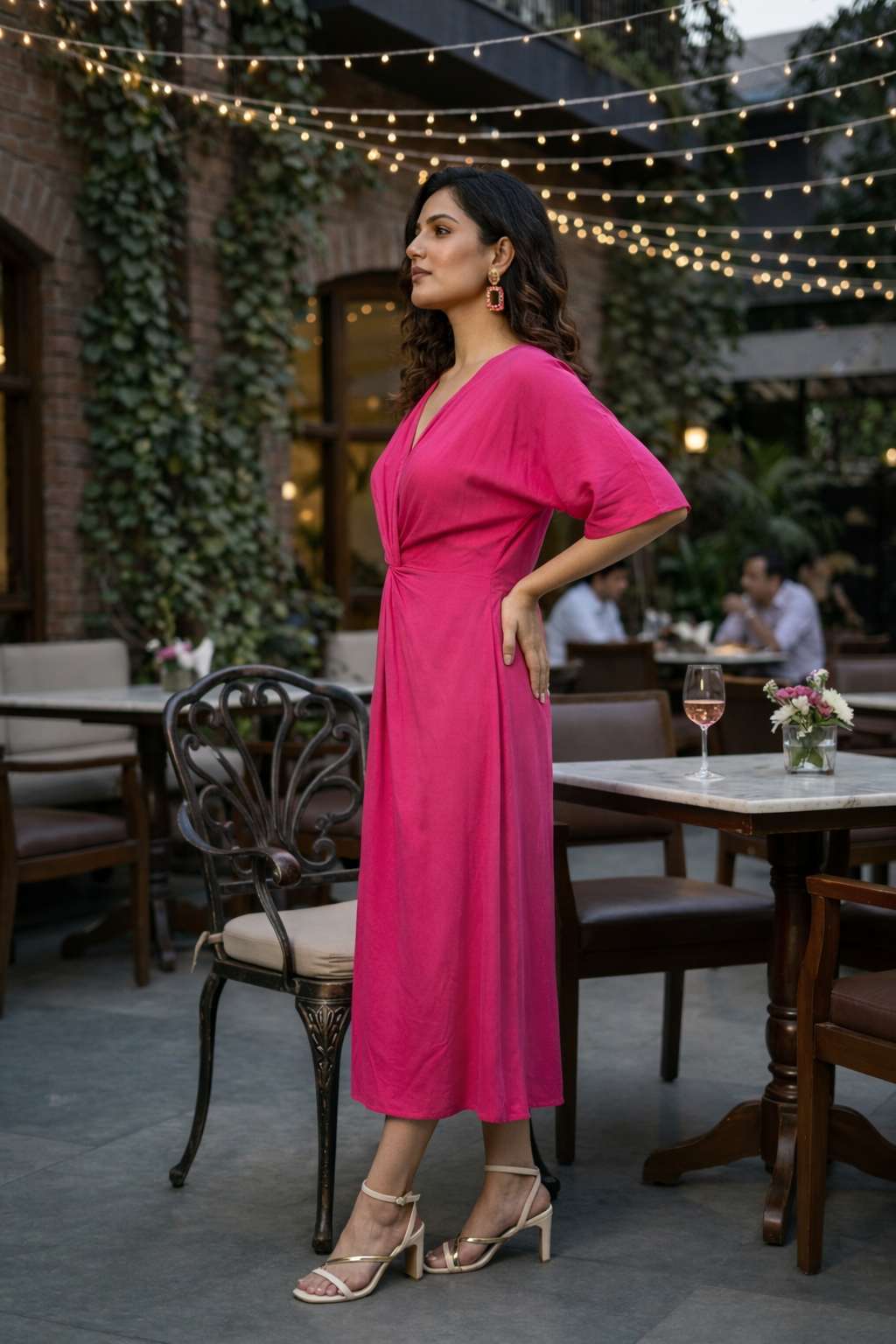 Regular Hot Pink Front Knot V-Neck Dress