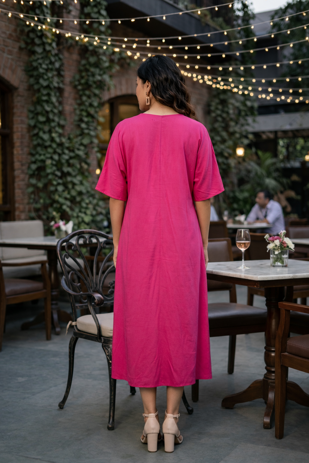 Regular Hot Pink Front Knot V-Neck Dress