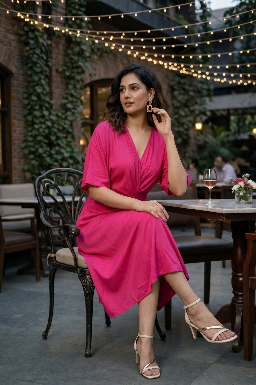 Regular Hot Pink Front Knot V-Neck Dress