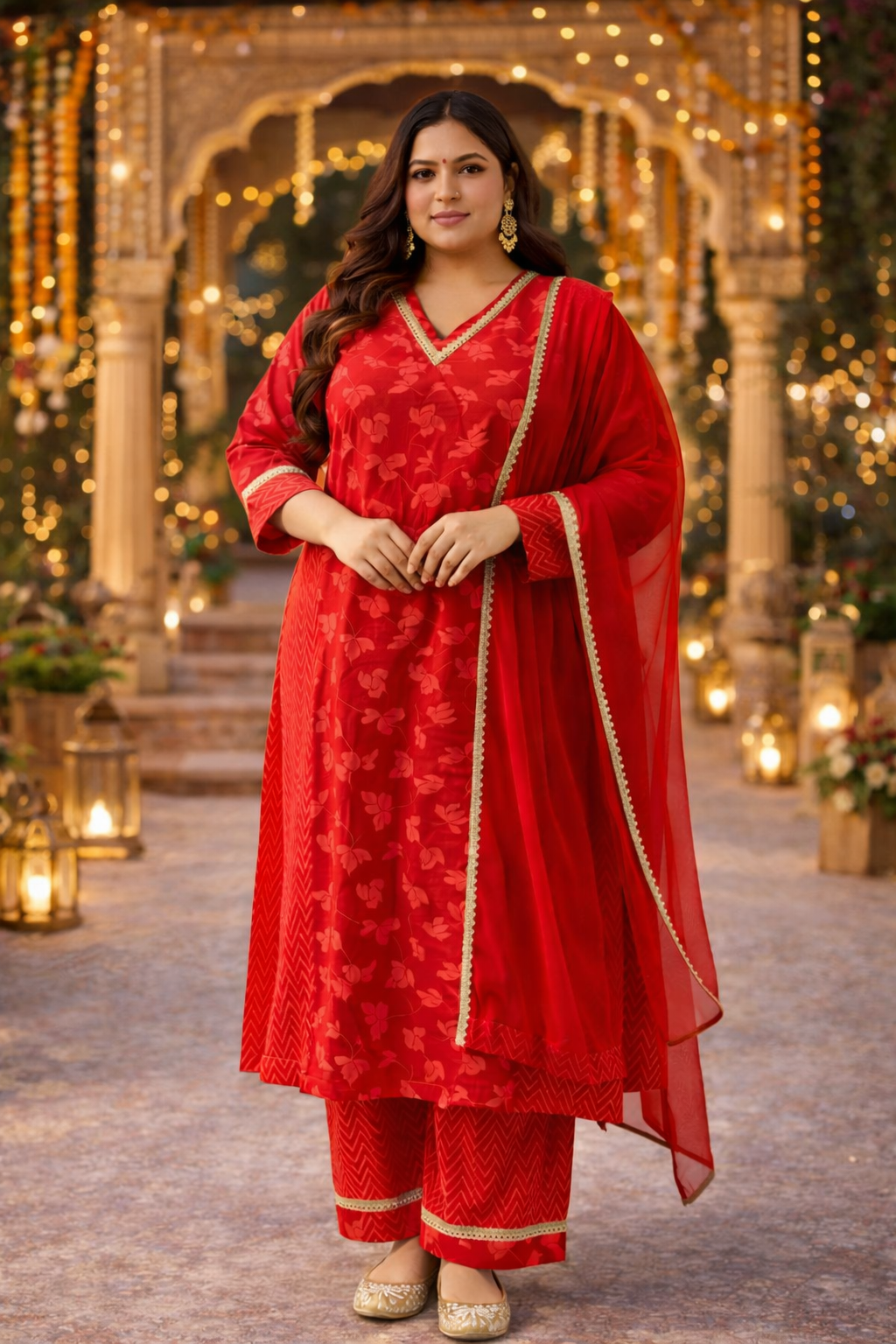 Radiant Red Festive Kurta Suit Set (3 Pc)