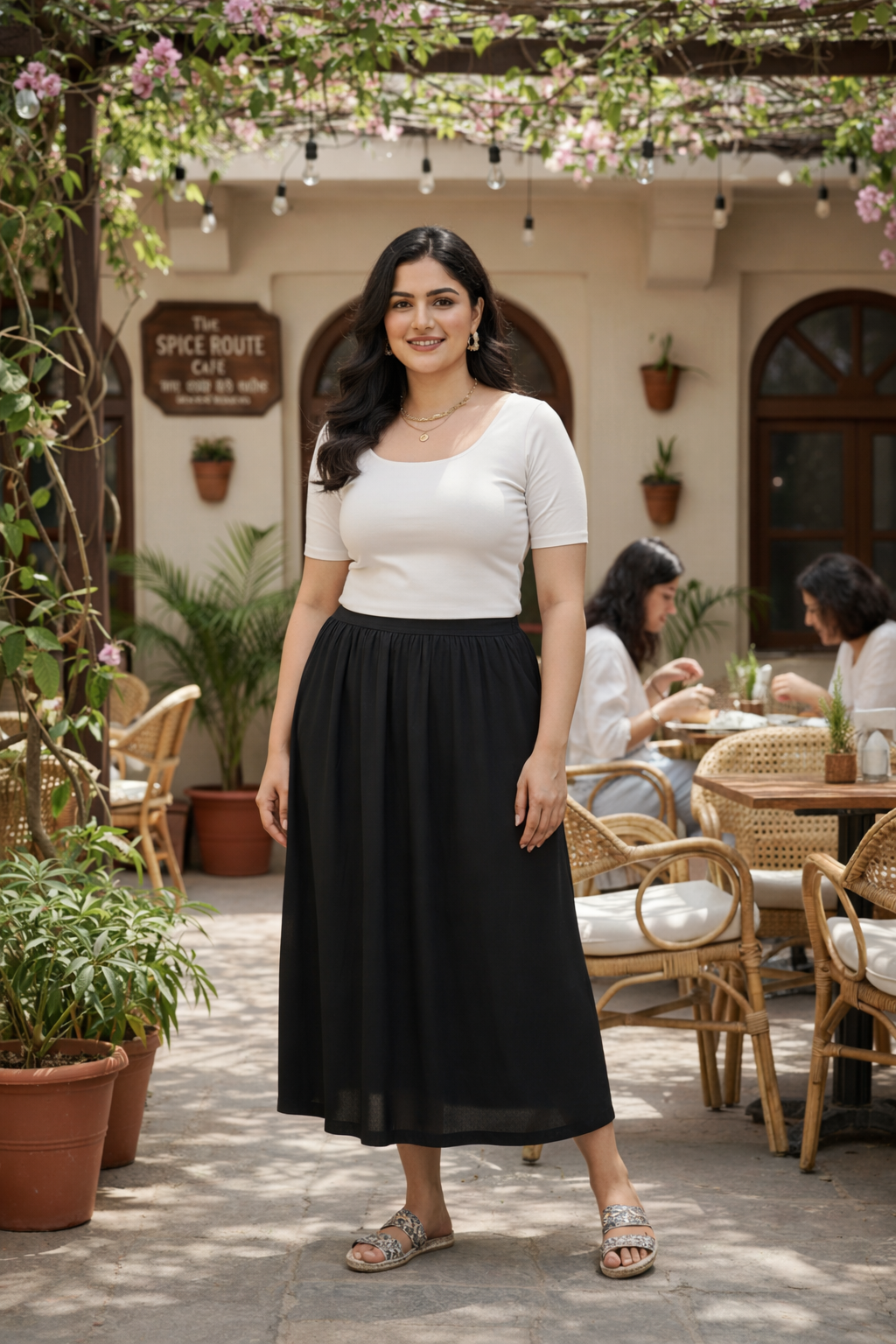 Solid Black Flowy Midi Skirt with Pockets