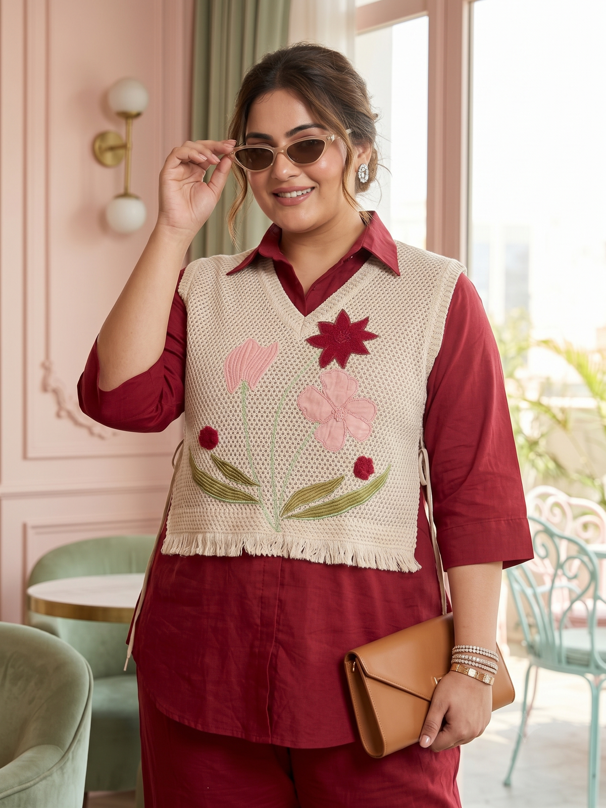 Plus Size Red 100% Cotton Co-ord Set with Jute Jacket – Embroidered Layered Set