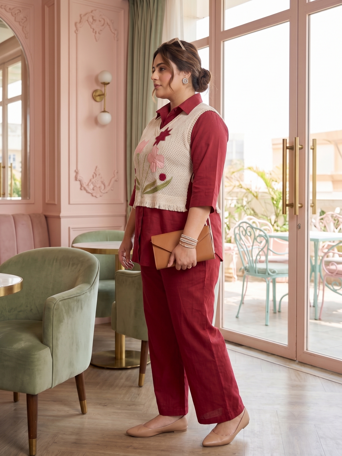 Plus Size Red 100% Cotton Co-ord Set with Jute Jacket – Embroidered Layered Set