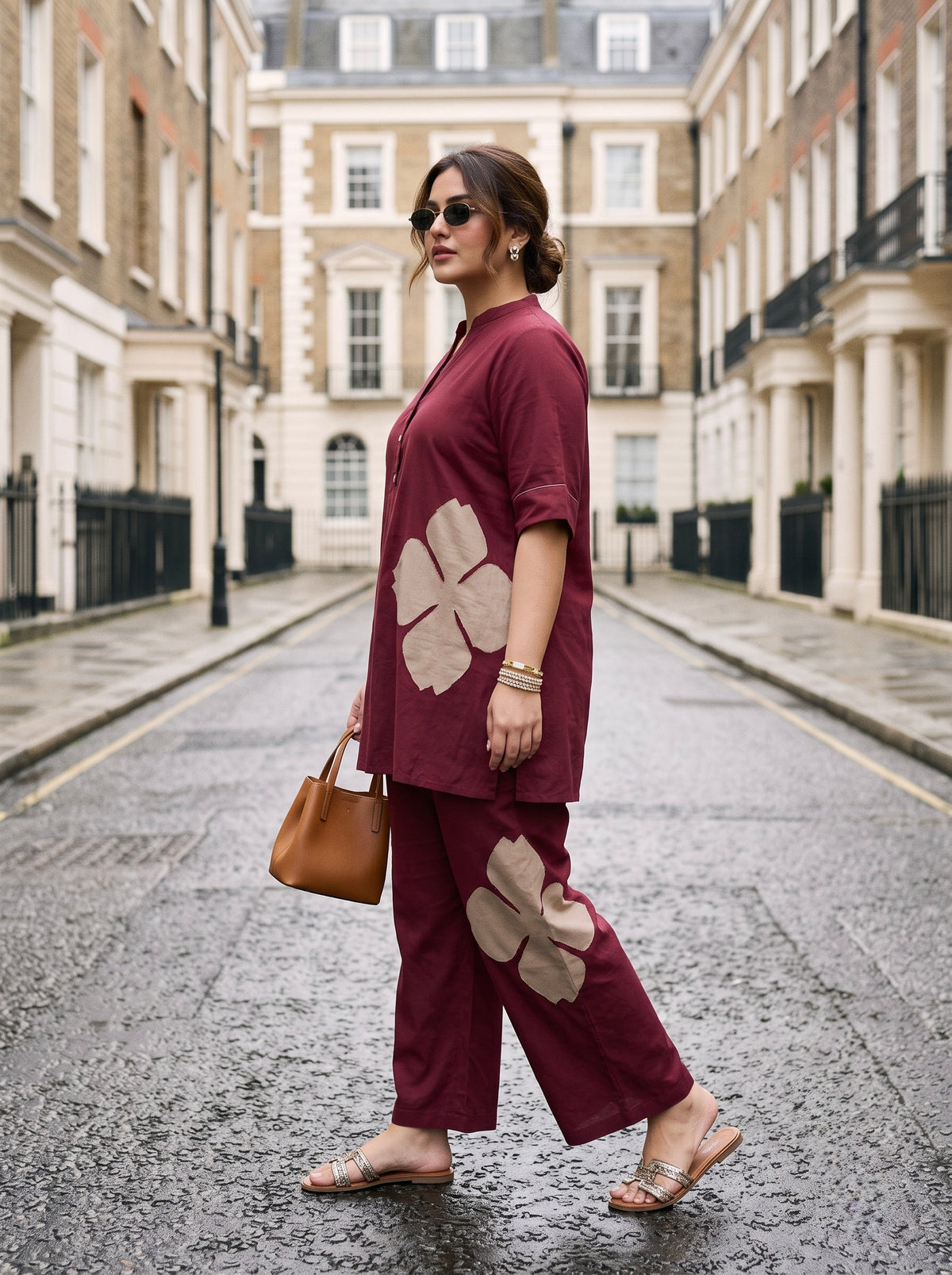 Plus Size Maroon Cotton Co-Ord Set with Floral Appliqué