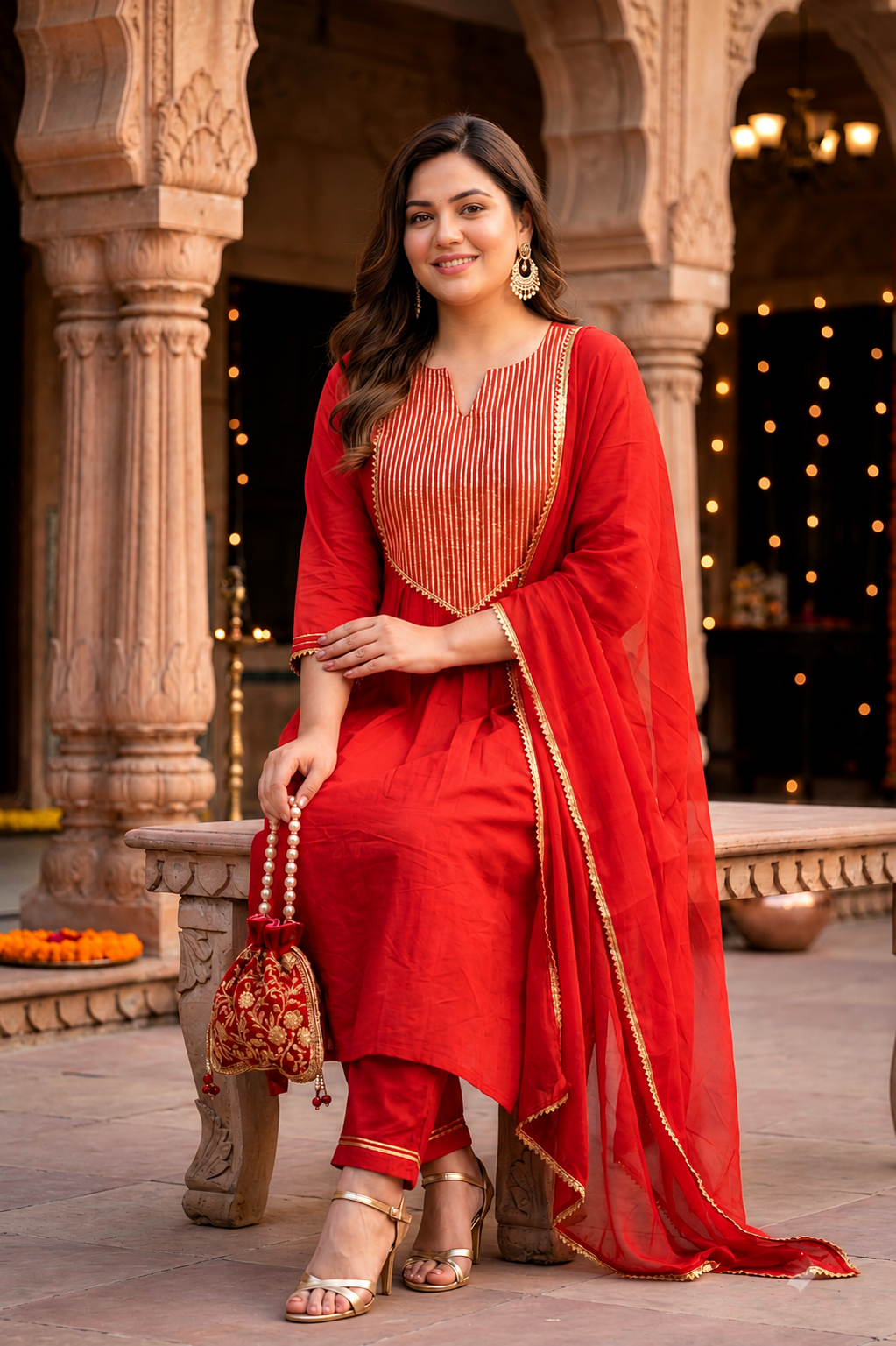 Red & Gold Cotton Kurta Set (Set of 3)