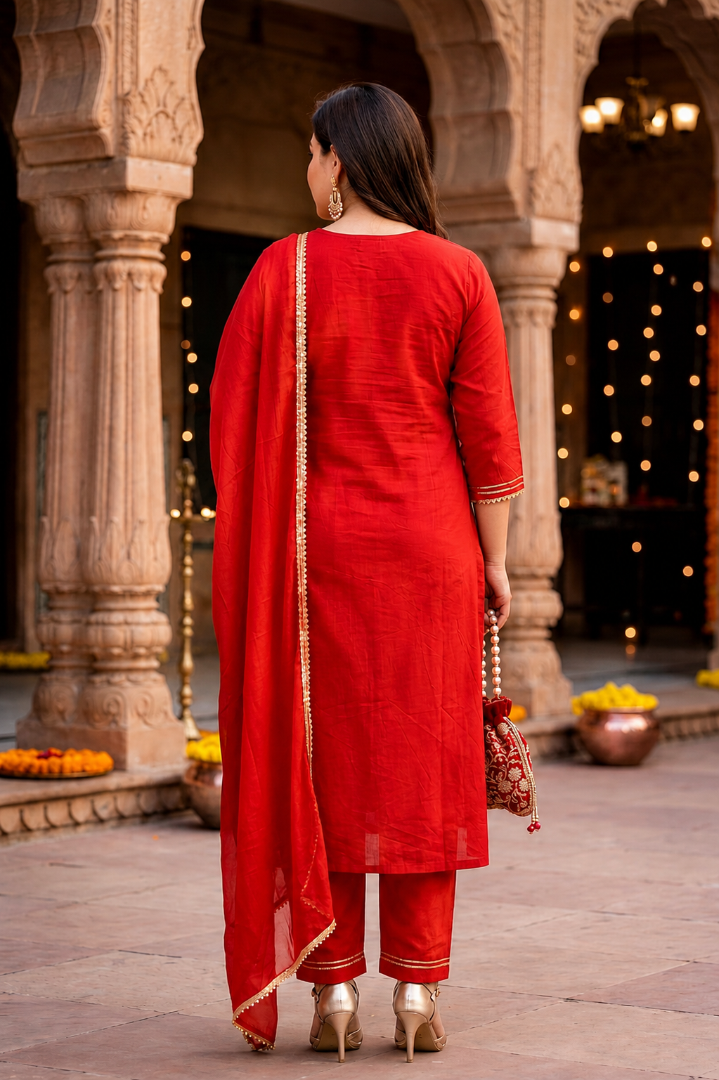Red & Gold Cotton Kurta Set (Set of 3)