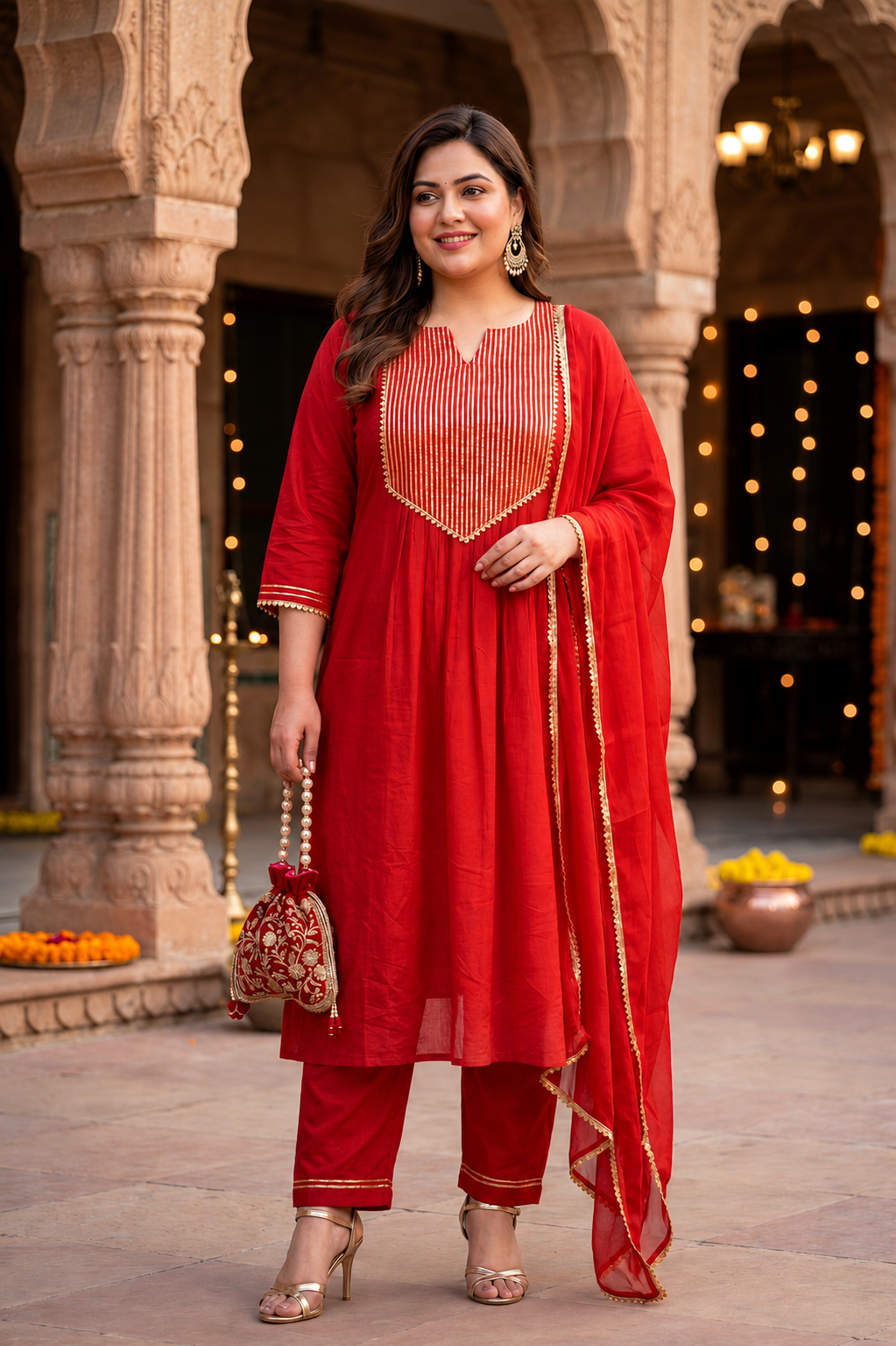 Red & Gold Cotton Kurta Set (Set of 3)