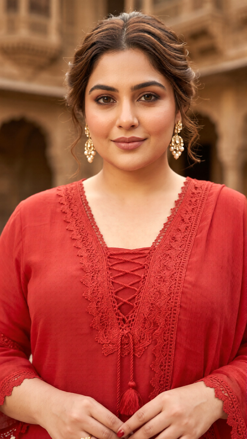 Plus Size Crimson Red Lace Detail Dupatta Set For Women (3 PC Set )