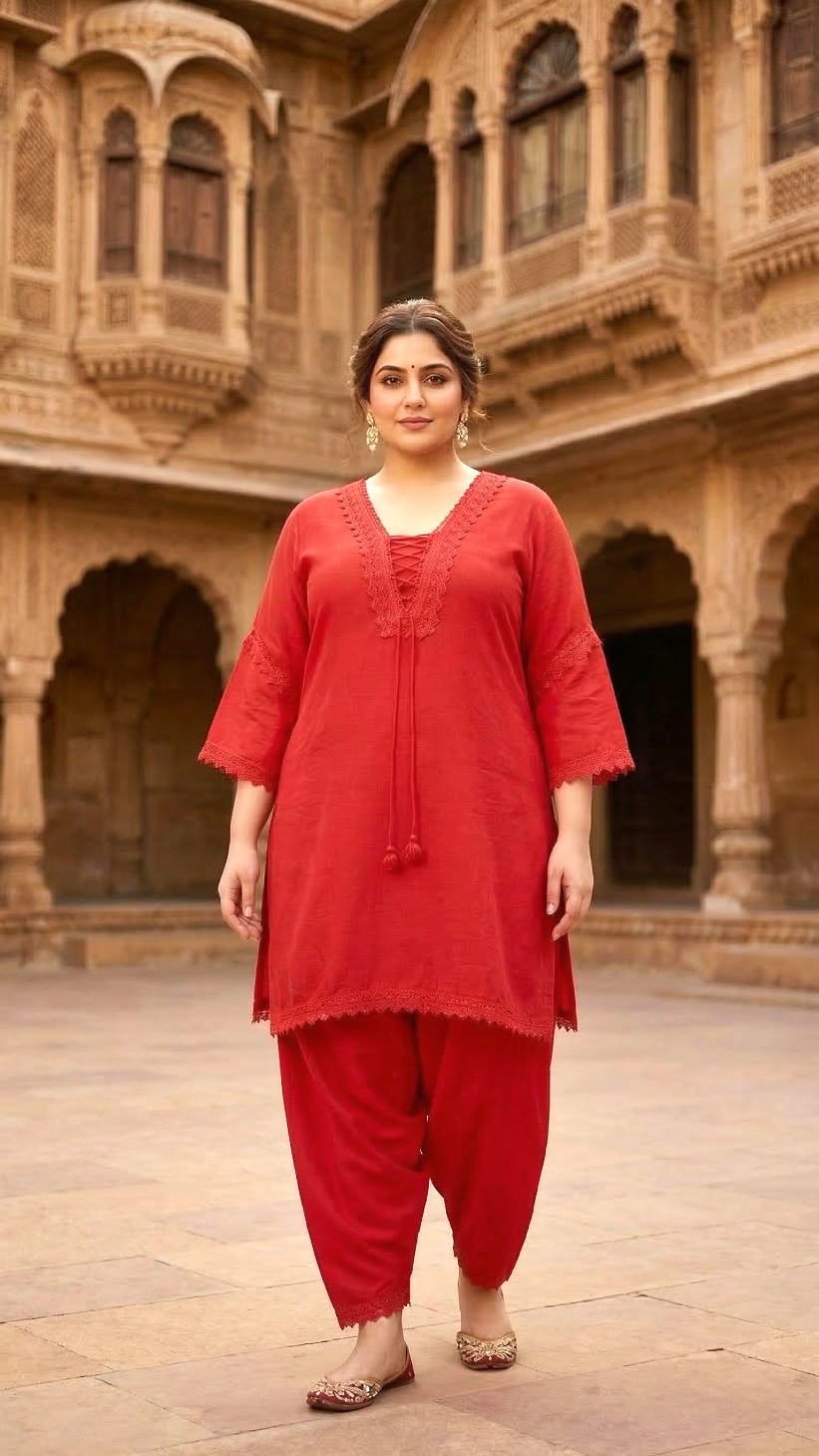 Plus Size Crimson Red Lace Detail Dupatta Set For Women (3 PC Set )