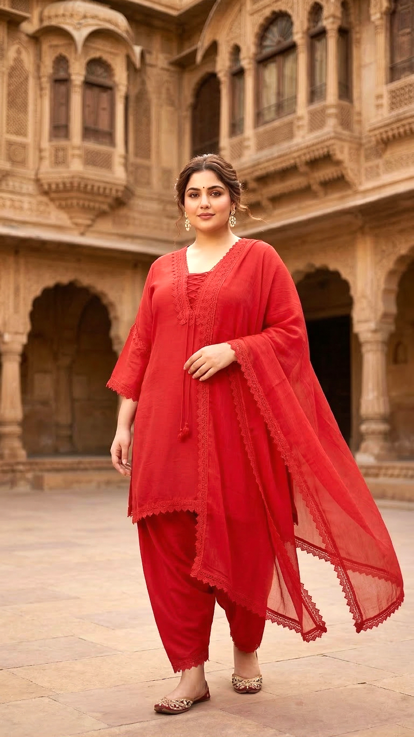 Plus Size Crimson Red Lace Detail Dupatta Set For Women (3 PC Set )